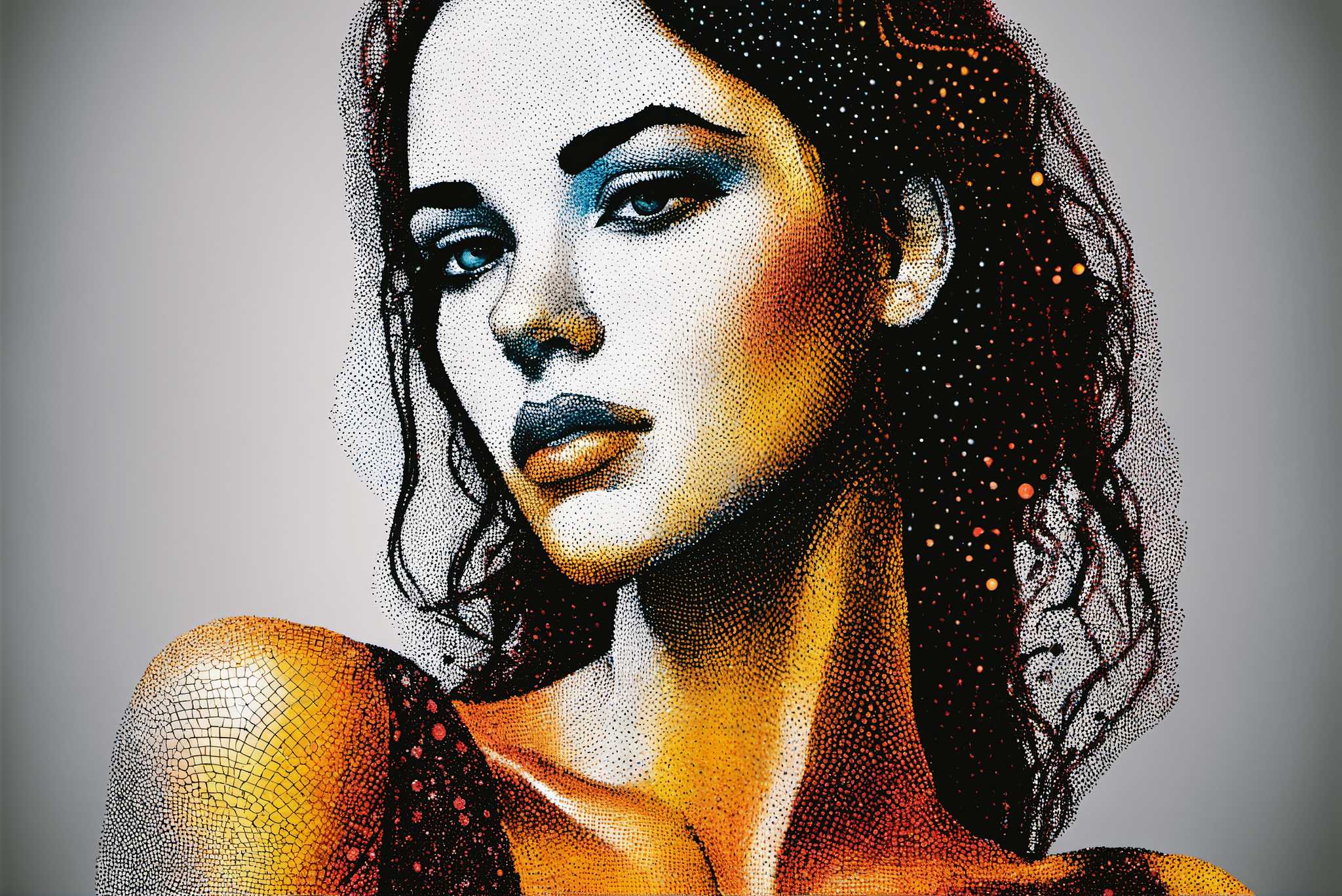 Echoes of her gaze: Realistic woman portrait art with highly detailed woman painting, in a room with contemporary flair, digital art pieces, and stylish accessories. The art can be printed on poster, framed poster, canvas, metal, acrylic or wood, exclusively at WallArtZen. Find this exact print at https://wallartzen.com/waz27