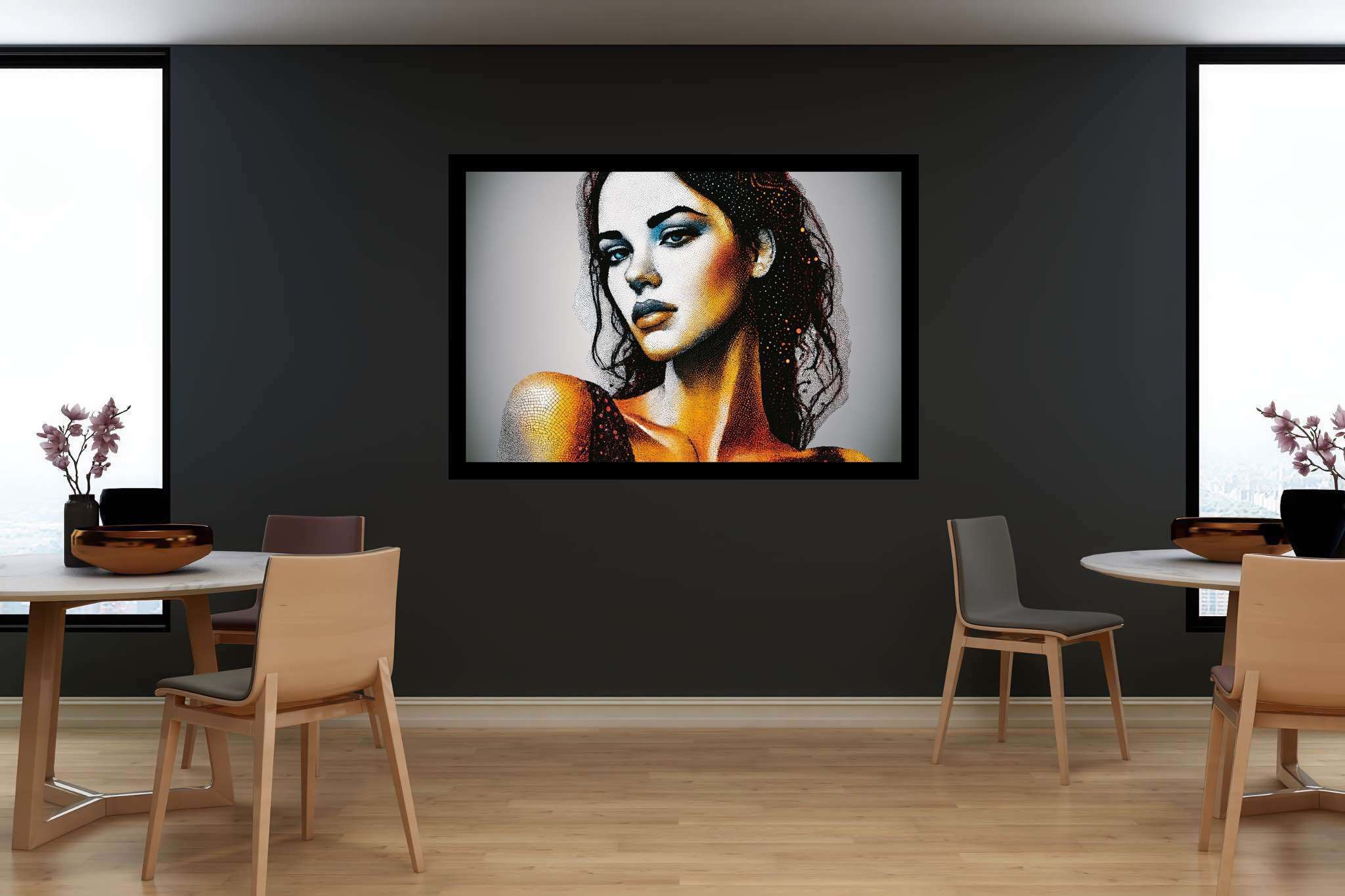 Echoes of her gaze: Realistic woman portrait art with lifelike female painting, in a room with urban design, fine art prints, and stylish accessories. The art can be printed on poster, framed poster, canvas, metal, acrylic or wood, exclusively at WallArtZen. Find this exact print at https://wallartzen.com/waz27