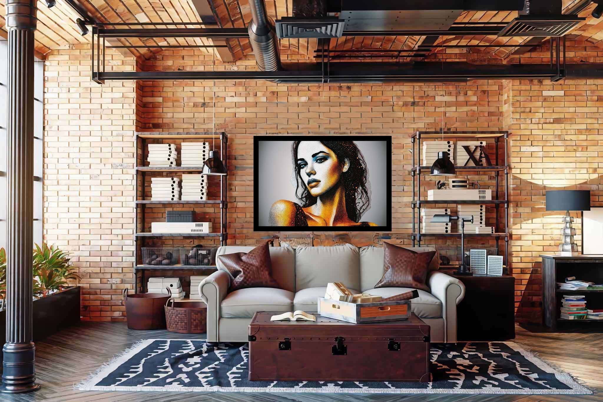 Echoes of her gaze: Realistic woman portrait art with realistic female portrait, in a room with modern style, digital art pieces, and stylish accessories. The art can be printed on poster, framed poster, canvas, metal, acrylic or wood, exclusively at WallArtZen. Find this exact print at https://wallartzen.com/waz27