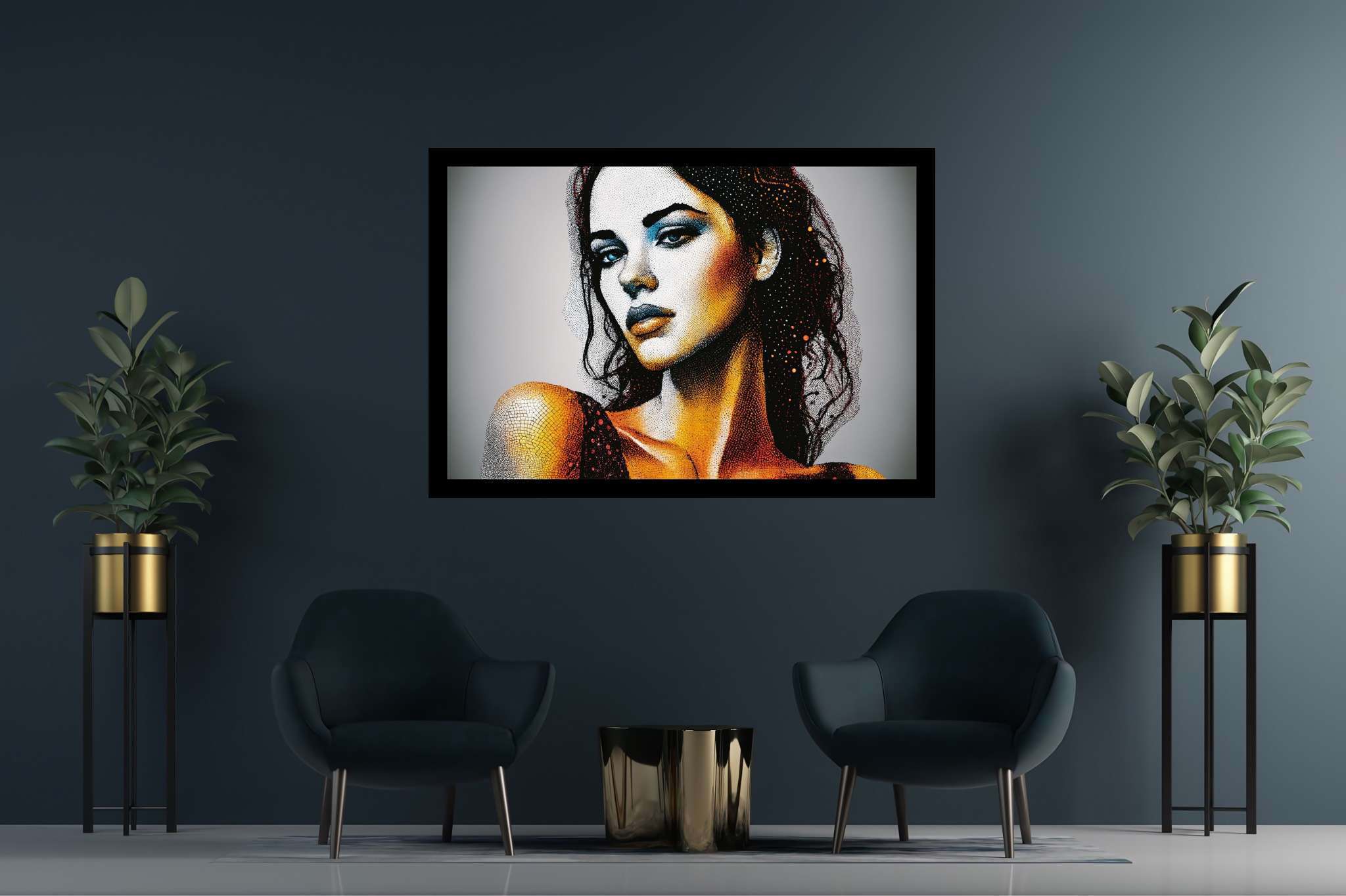 Echoes of her gaze: Realistic woman portrait art with woman with hyperrealistic portrait, in a room with great design, wall art, and home furnishings. The art can be printed on poster, framed poster, canvas, metal, acrylic or wood, exclusively at WallArtZen. Find this exact print at https://wallartzen.com/waz27
