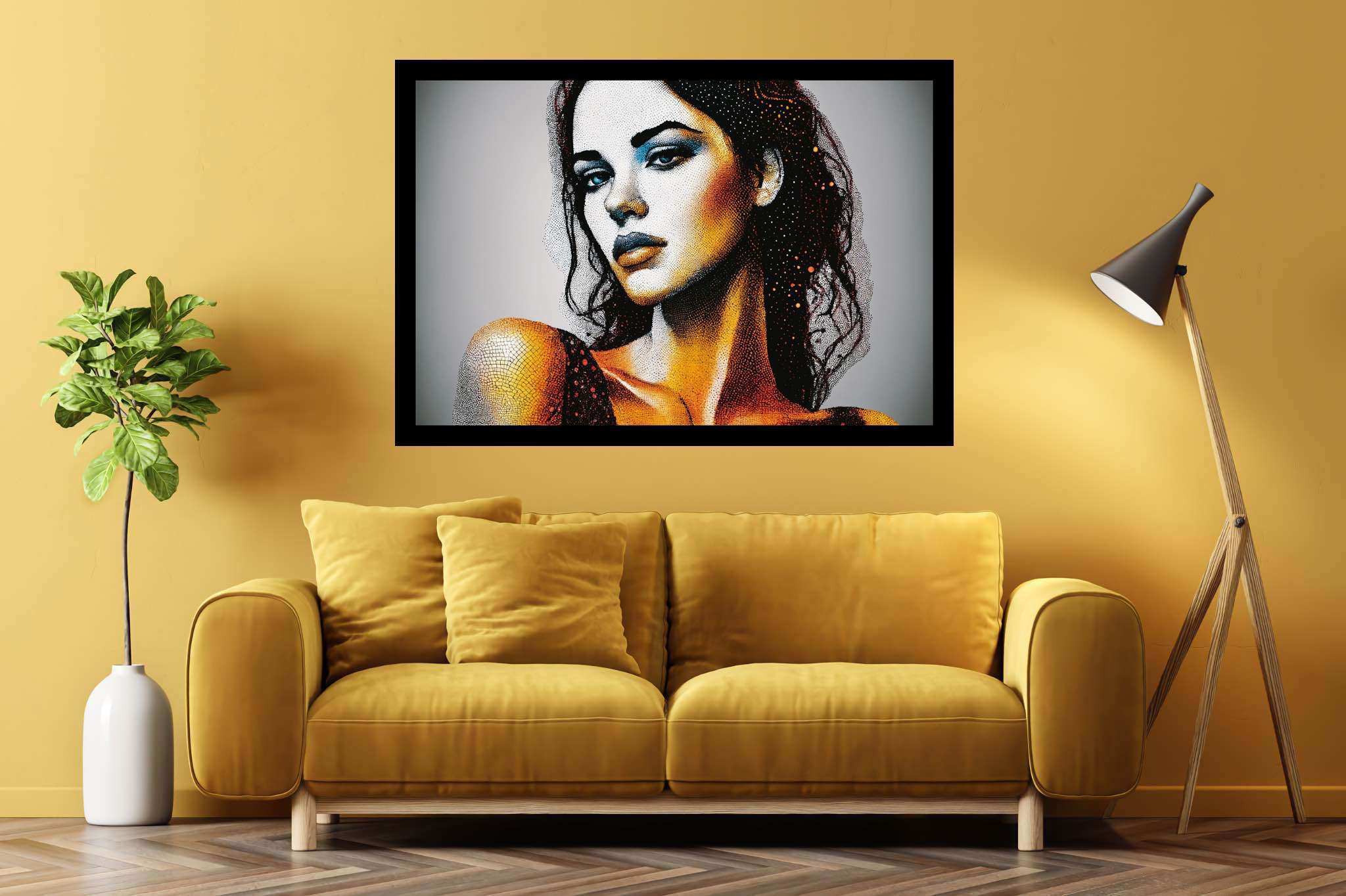 Echoes of her gaze: Realistic woman portrait art with lifelike woman portrait, in a room with innovative layout, framed art, and decorative pieces. The art can be printed on poster, framed poster, canvas, metal, acrylic or wood, exclusively at WallArtZen. Find this exact print at https://wallartzen.com/waz27