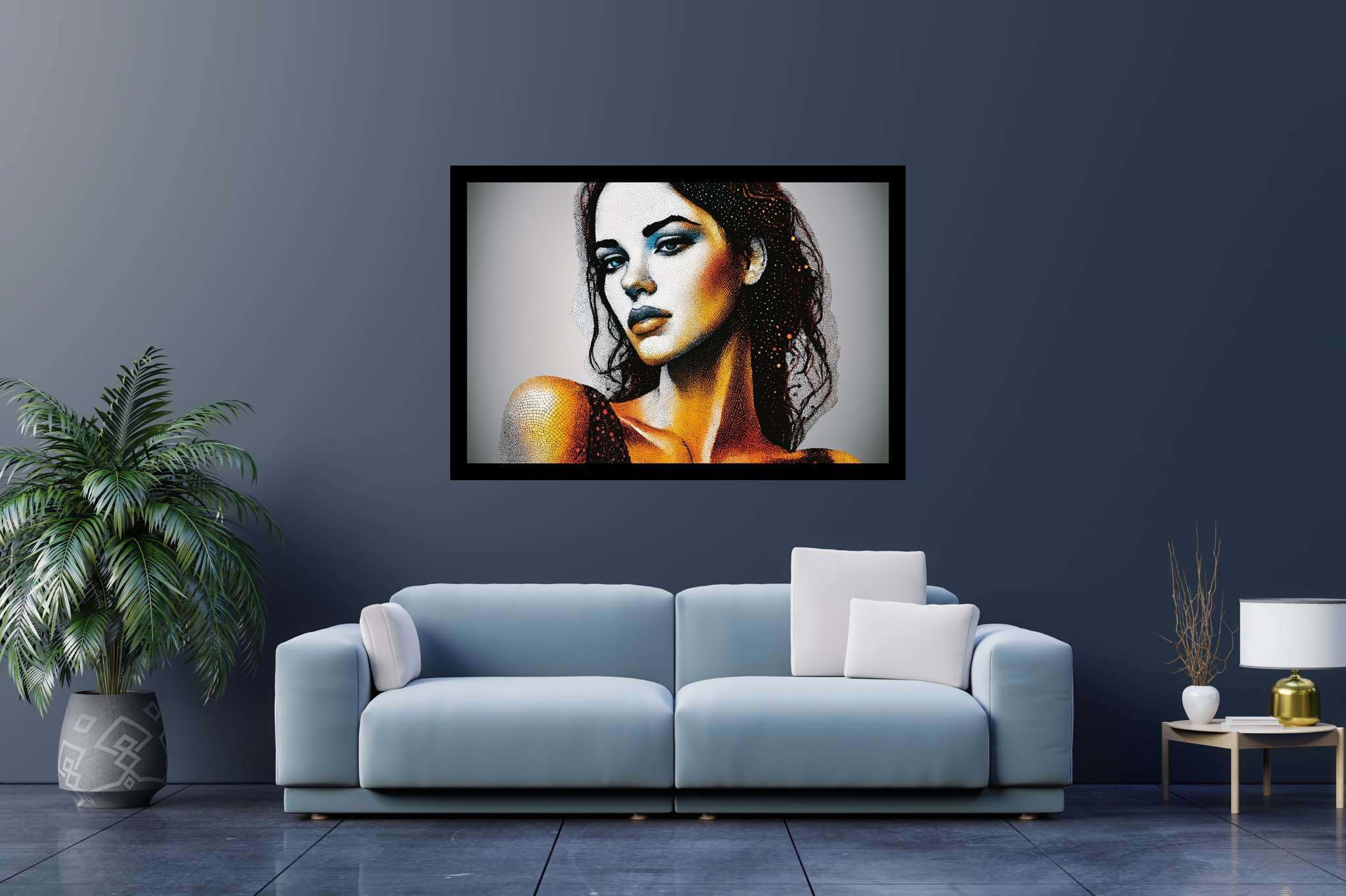 Echoes of her gaze: Realistic woman portrait art with realistic female portrait, in a room with elegant layout, wall art, and artisan decor. The art can be printed on poster, framed poster, canvas, metal, acrylic or wood, exclusively at WallArtZen. Find this exact print at https://wallartzen.com/waz27