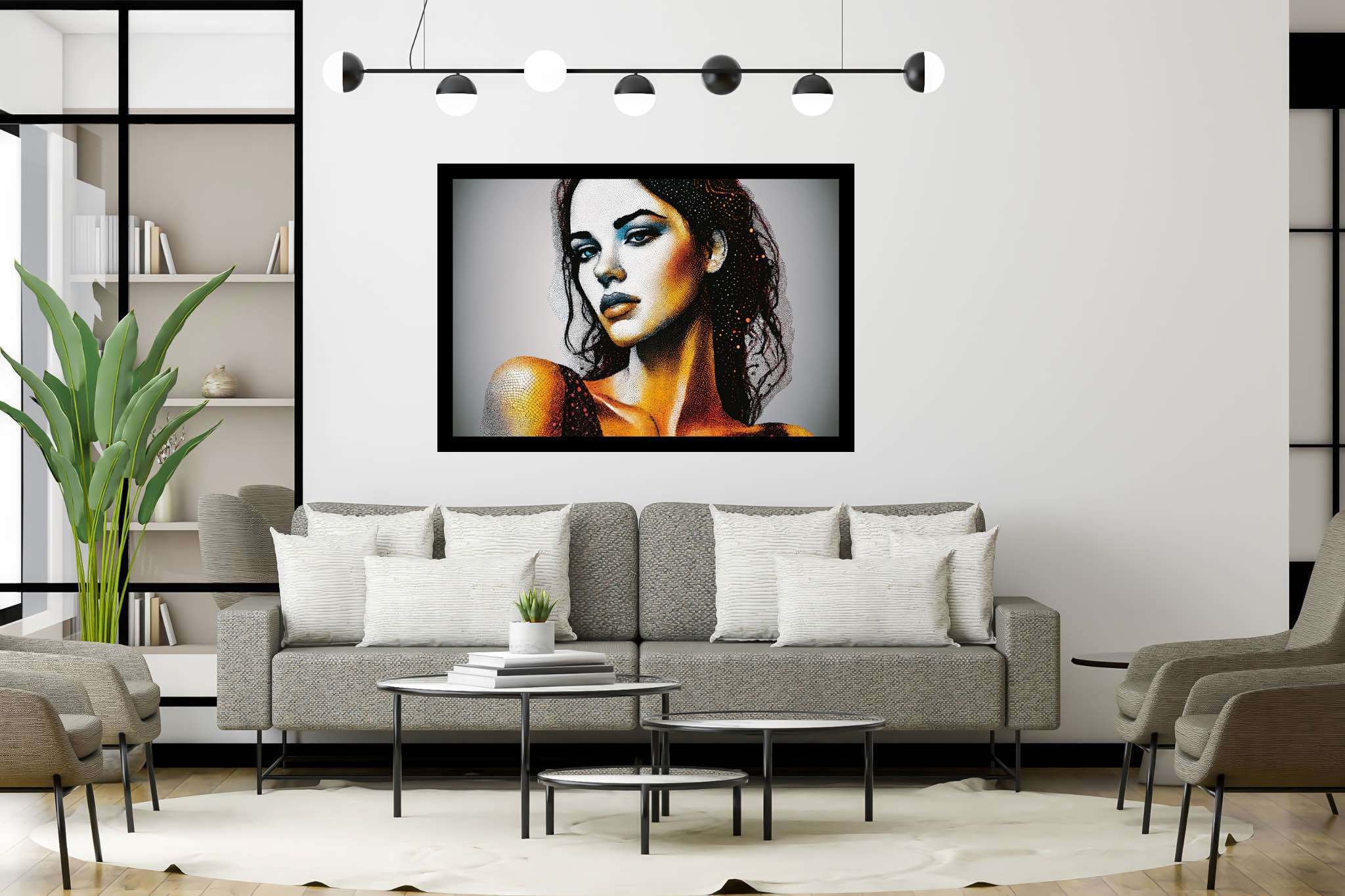 Echoes of her gaze: Realistic woman portrait art with woman with realistic portrait, in a room with minimalist approach, gallery-quality artwork, and stylish accessories. The art can be printed on poster, framed poster, canvas, metal, acrylic or wood, exclusively at WallArtZen. Find this exact print at https://wallartzen.com/waz27