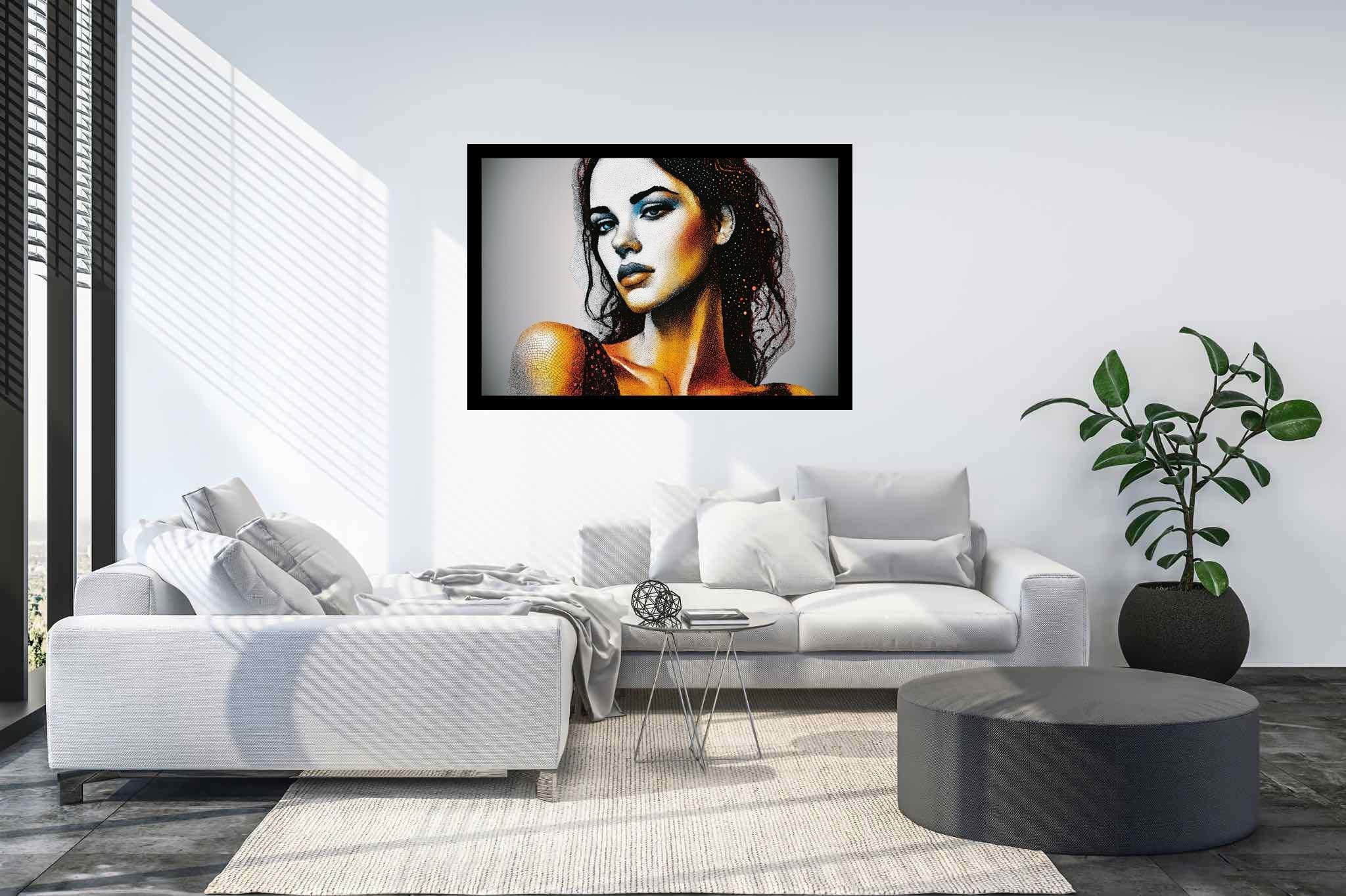 Echoes of her gaze: Realistic woman portrait art with fine art of women, in a room with modern style, framed art, and stylish accessories. The art can be printed on poster, framed poster, canvas, metal, acrylic or wood, exclusively at WallArtZen. Find this exact print at https://wallartzen.com/waz27