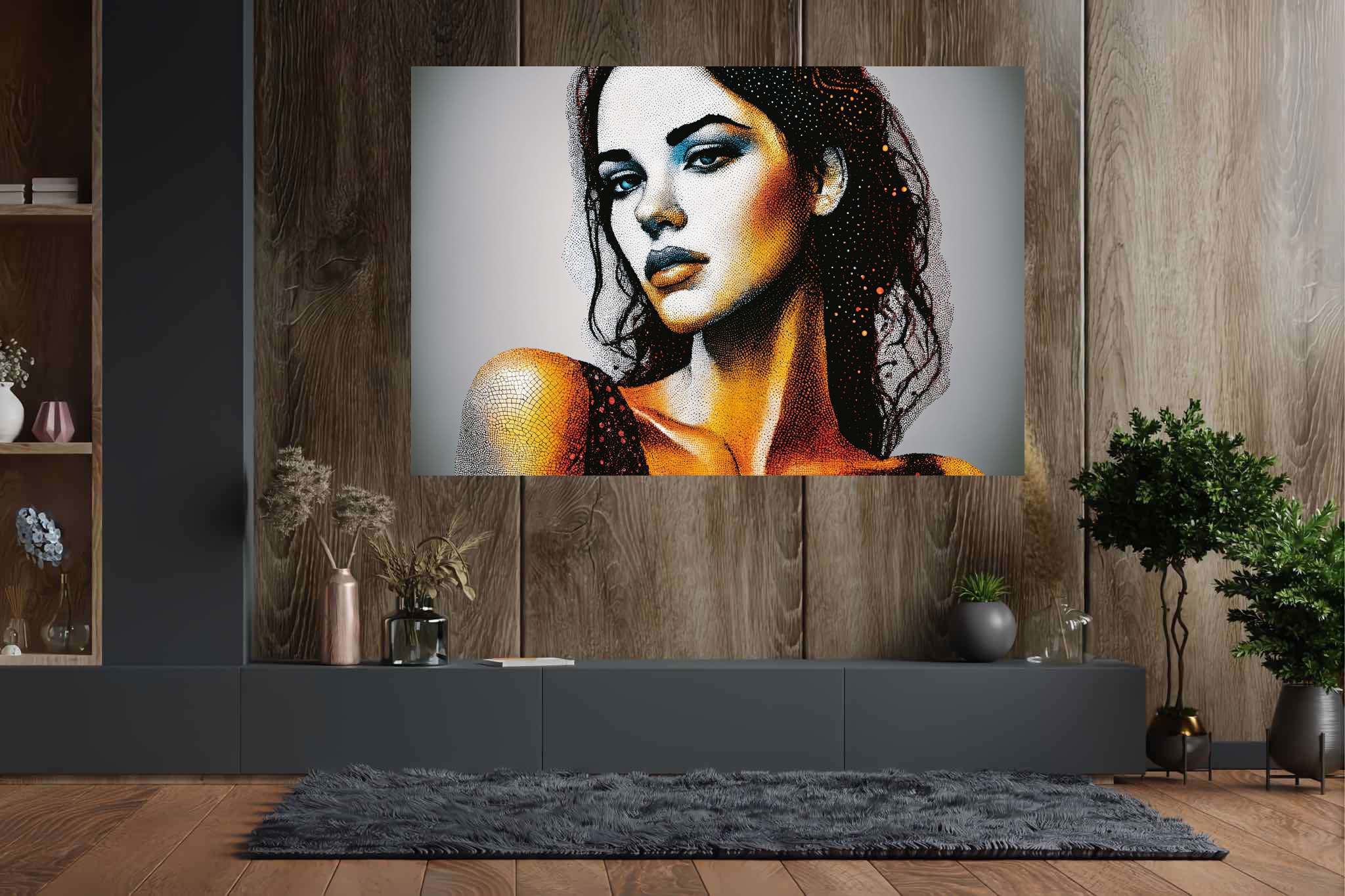 Echoes of her gaze: Realistic woman portrait art with fine art of women, in a room with elegant layout, canvas prints, and designer furniture. The art can be printed on poster, framed poster, canvas, metal, acrylic or wood, exclusively at WallArtZen. Find this exact print at https://wallartzen.com/waz27