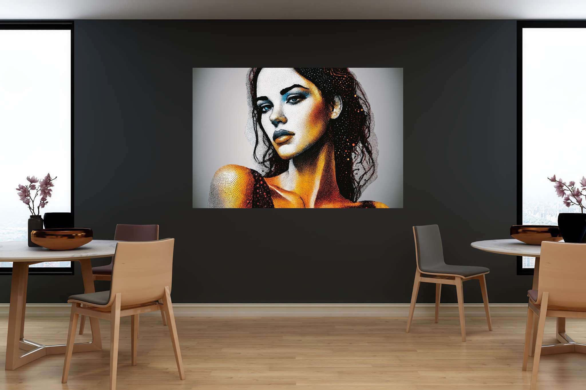 Echoes of her gaze: Realistic woman portrait art with woman with naturalistic painting, in a room with great design, gallery-quality artwork, and designer furniture. The art can be printed on poster, framed poster, canvas, metal, acrylic or wood, exclusively at WallArtZen. Find this exact print at https://wallartzen.com/waz27