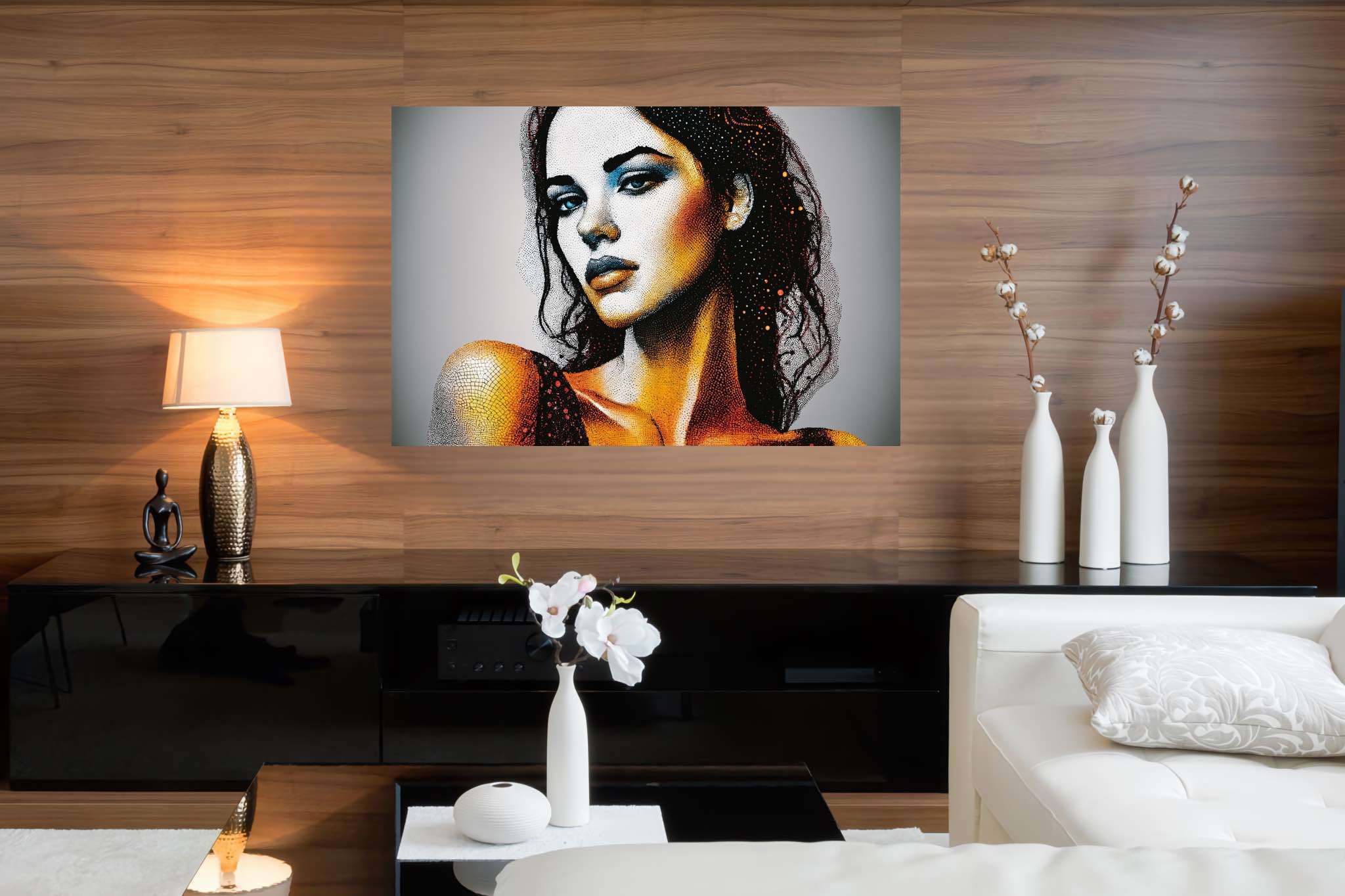 Echoes of her gaze: Realistic woman portrait art with portrait of women, in a room with minimalist approach, abstract paintings, and luxe decor. The art can be printed on poster, framed poster, canvas, metal, acrylic or wood, exclusively at WallArtZen. Find this exact print at https://wallartzen.com/waz27