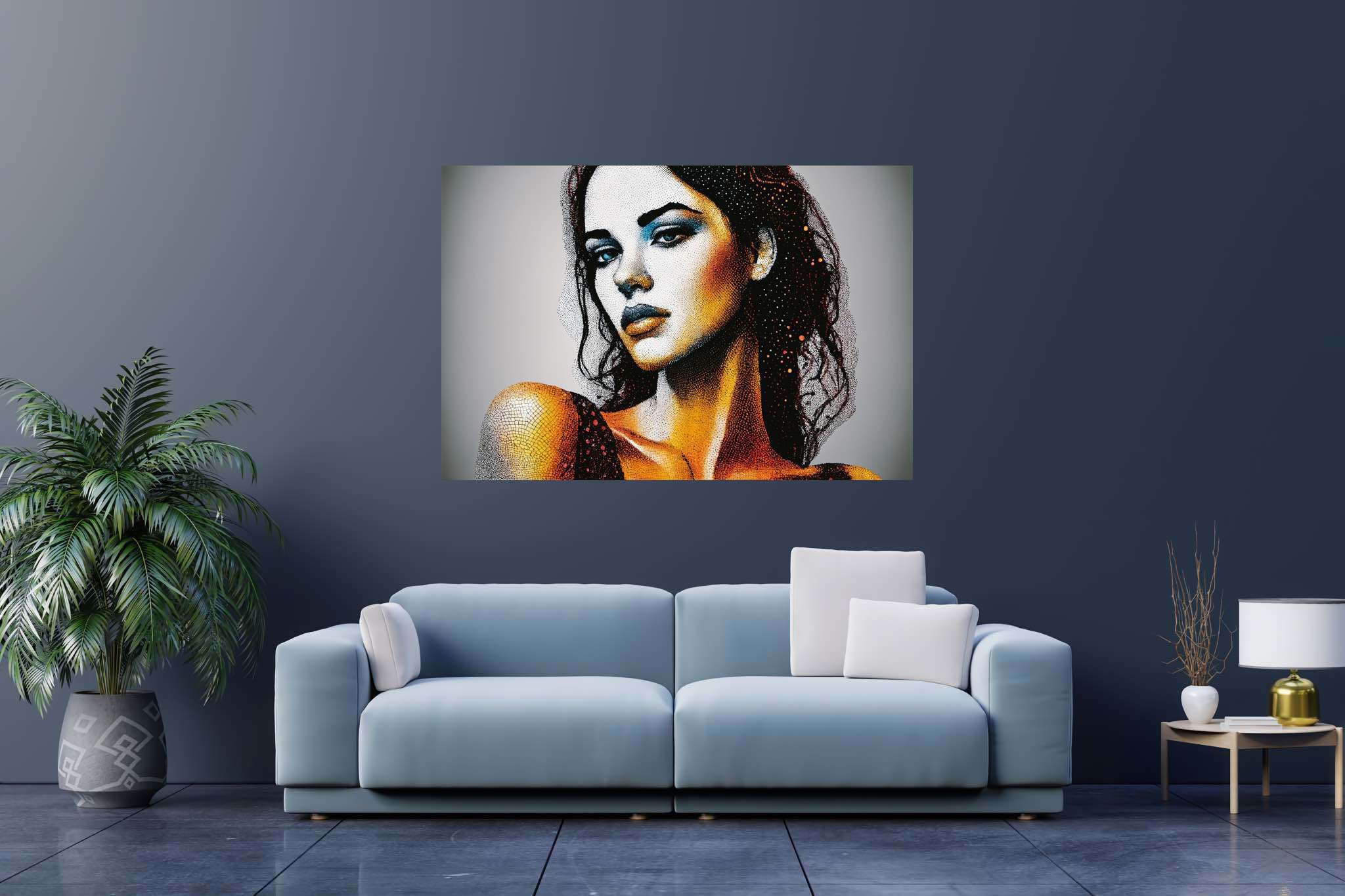 Echoes of her gaze: Realistic woman portrait art with woman with realistic portrait, in a room with modern style, abstract paintings, and artisan decor. The art can be printed on poster, framed poster, canvas, metal, acrylic or wood, exclusively at WallArtZen. Find this exact print at https://wallartzen.com/waz27