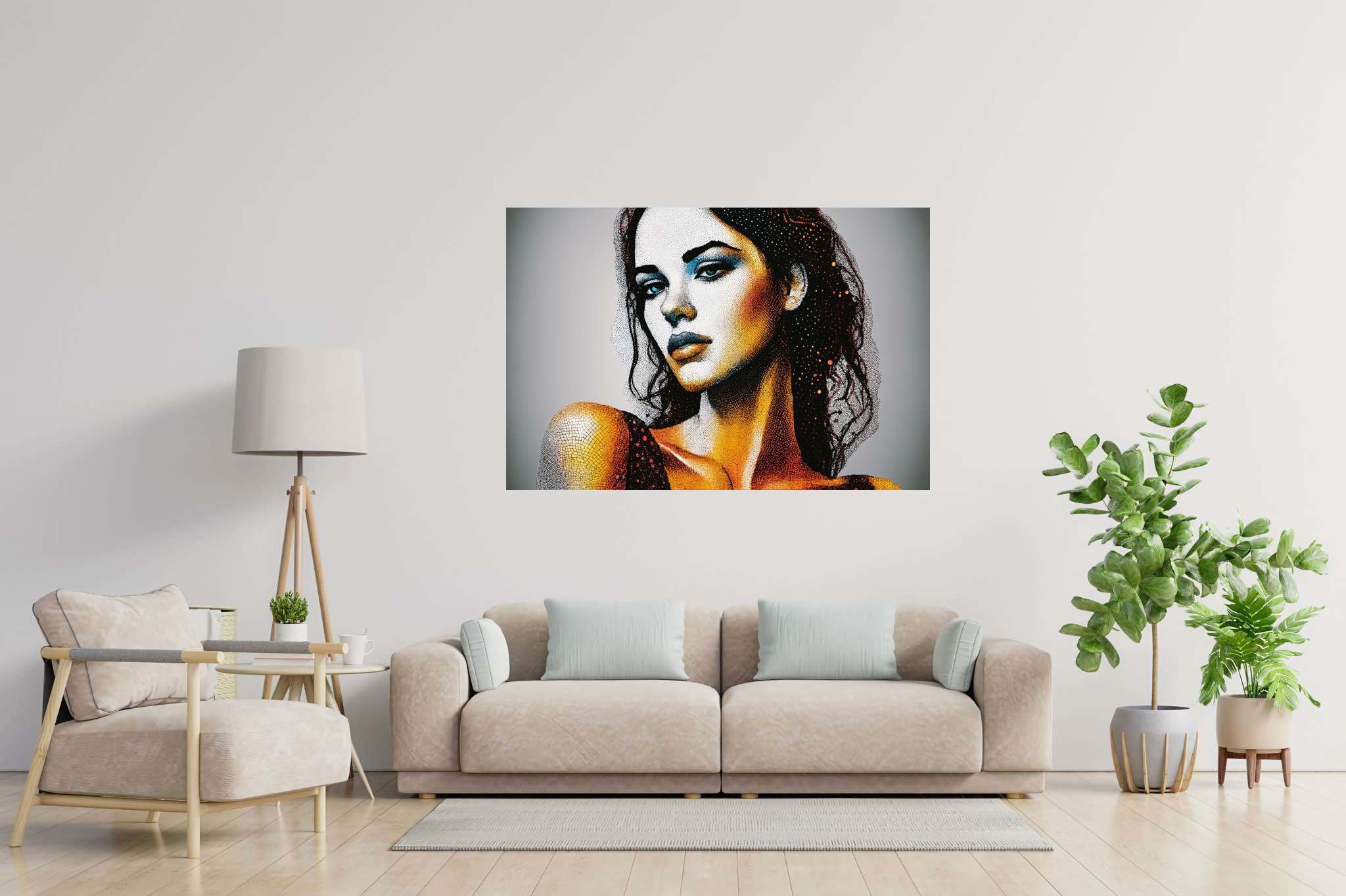 Echoes of her gaze: Realistic woman portrait art with women in realistic art, in a room with great design, photographic wall art, and decorative pieces. The art can be printed on poster, framed poster, canvas, metal, acrylic or wood, exclusively at WallArtZen. Find this exact print at https://wallartzen.com/waz27