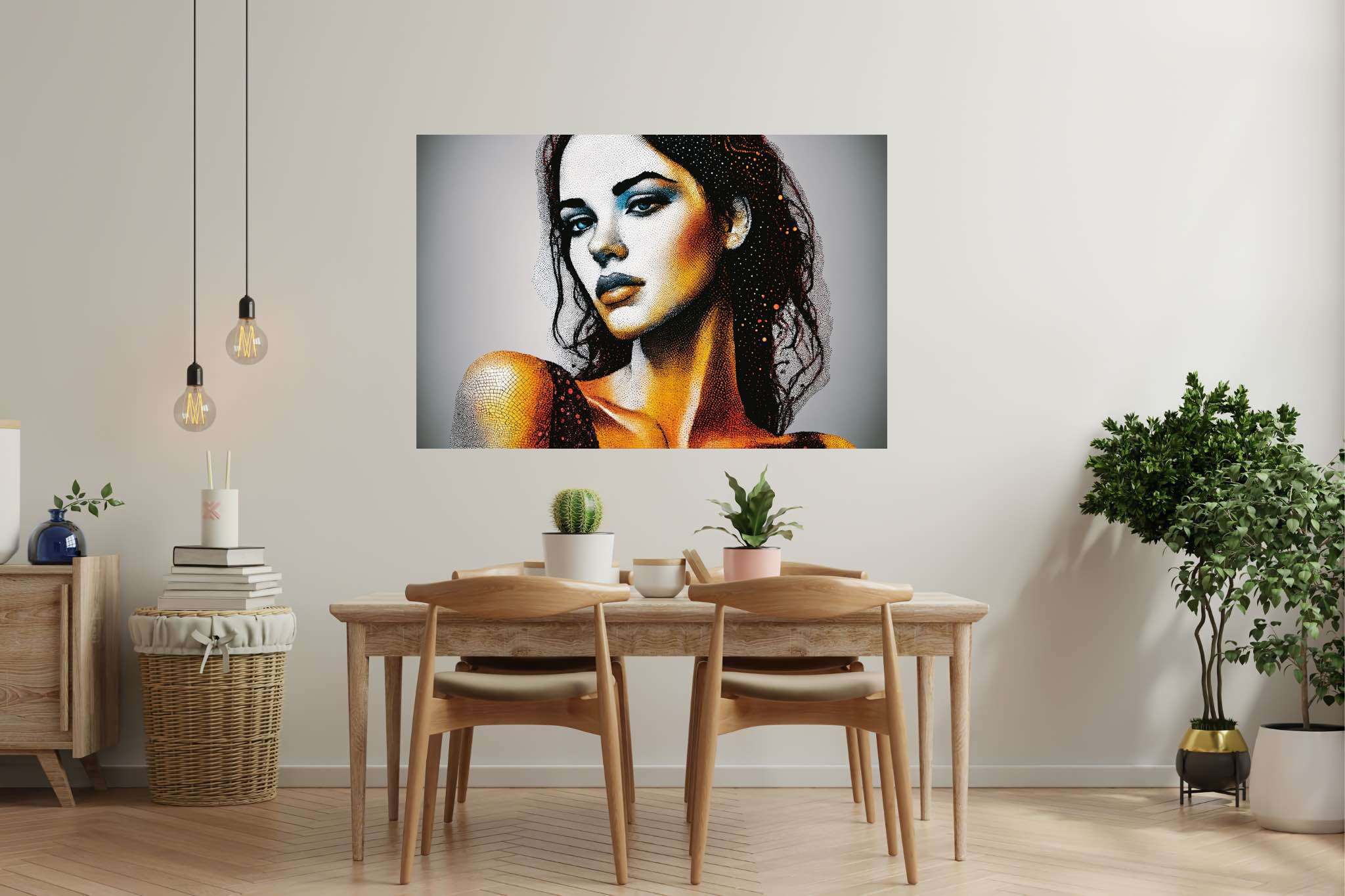 Echoes of her gaze: Realistic woman portrait art with fine art of women, in a room with great design, canvas prints, and decorative pieces. The art can be printed on poster, framed poster, canvas, metal, acrylic or wood, exclusively at WallArtZen. Find this exact print at https://wallartzen.com/waz27