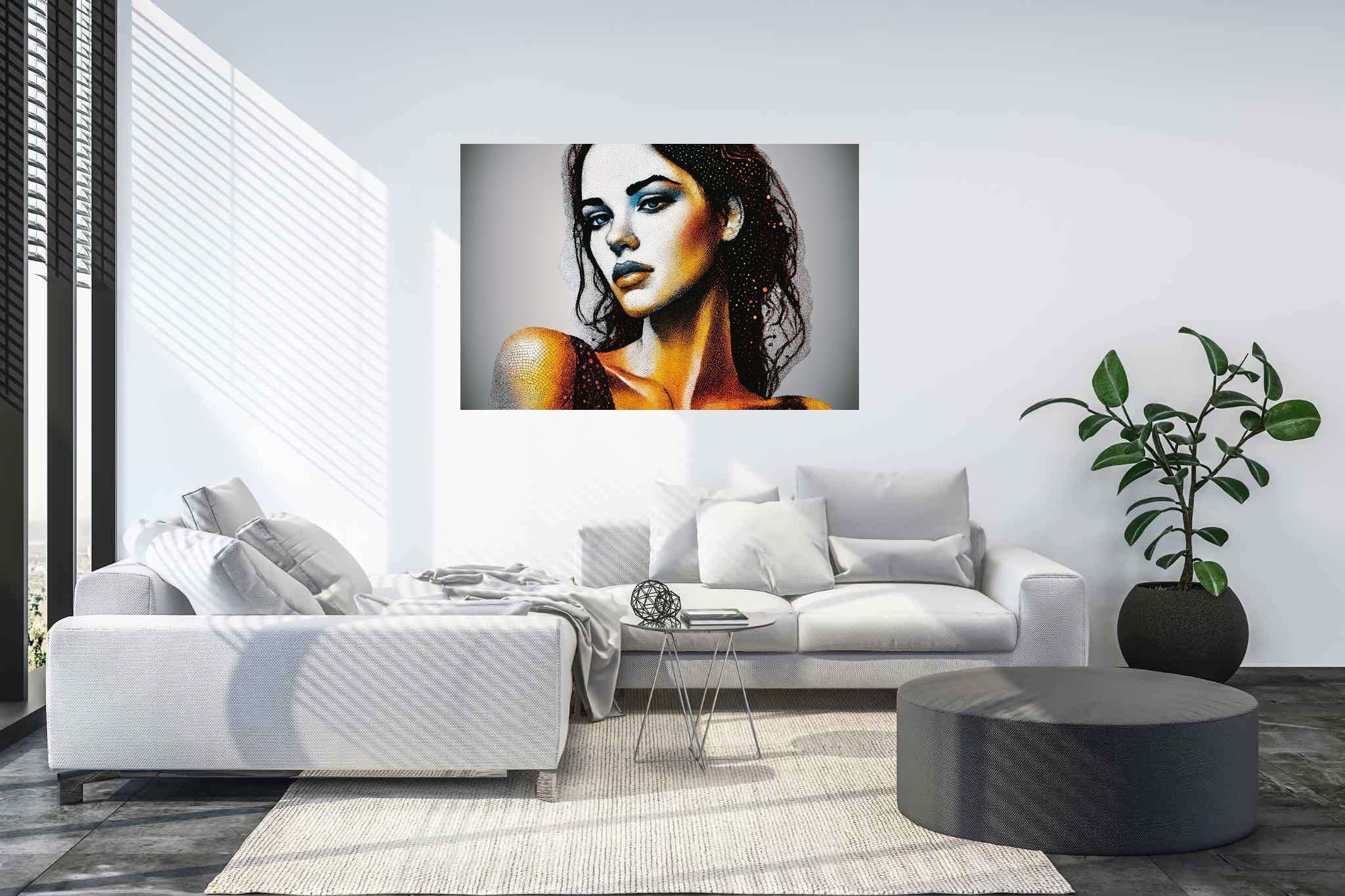 Echoes of her gaze: Realistic woman portrait art with realistic face art, in a room with modern style, canvas prints, and designer furniture. The art can be printed on poster, framed poster, canvas, metal, acrylic or wood, exclusively at WallArtZen. Find this exact print at https://wallartzen.com/waz27