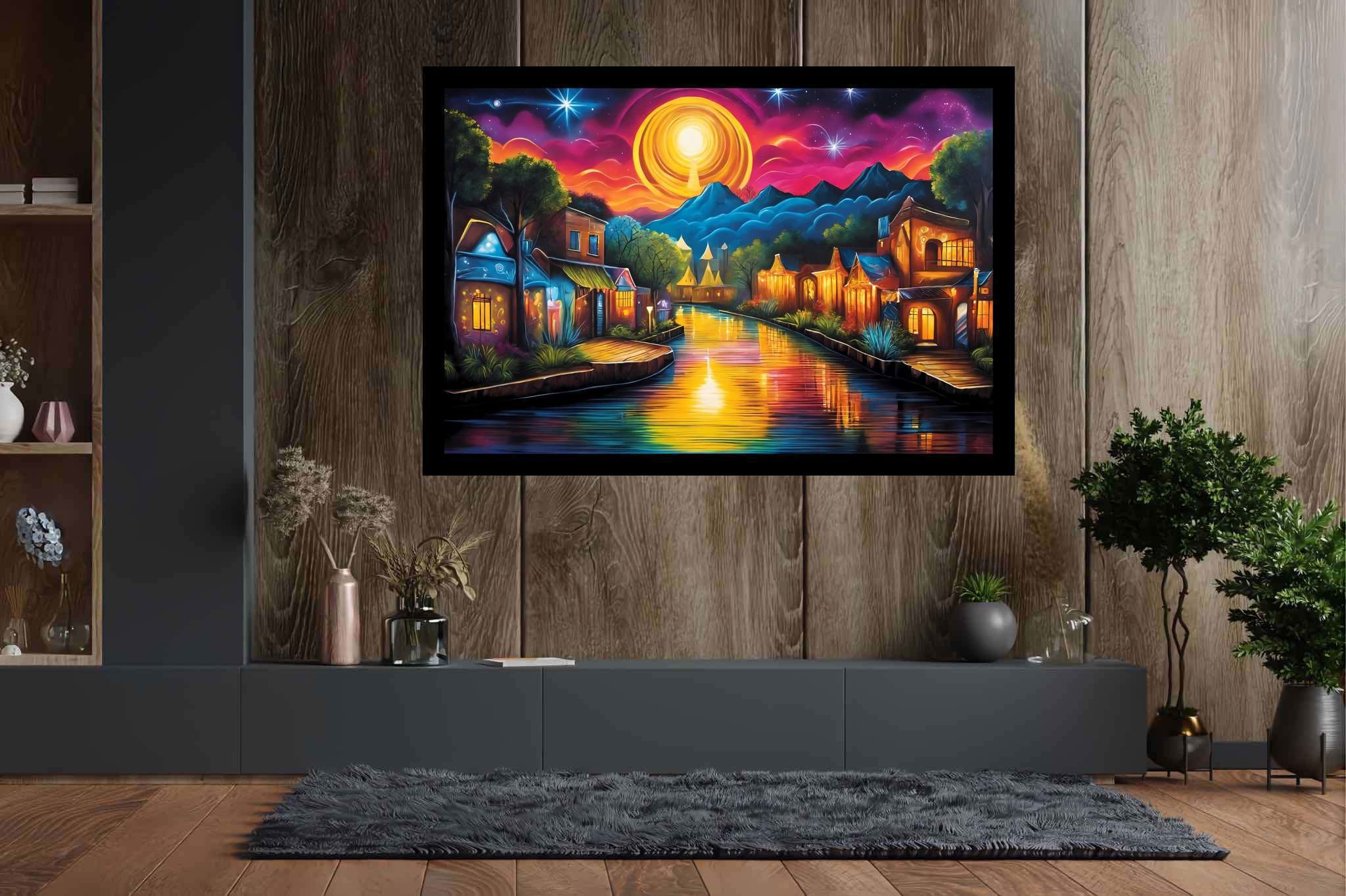 Twilight serenade in solstice town: Serene art with serenity in art, in a room with great design, bespoke art designs, and interior decorations. The art can be printed on poster, framed poster, canvas, metal, acrylic or wood, exclusively at WallArtZen. Find this exact print at https://wallartzen.com/waz280