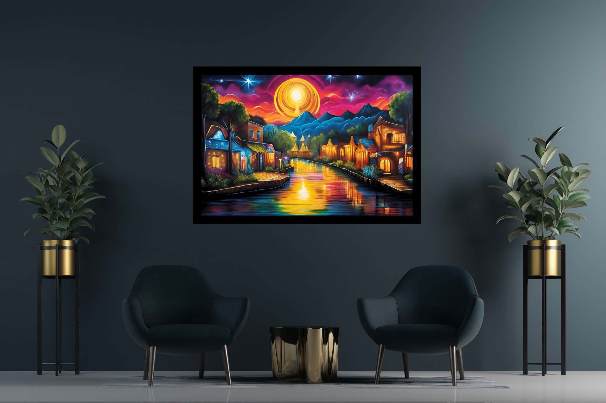 Twilight serenade in solstice town: Serene art with soothing portraits, in a room with artistic style, photographic wall art, and elegant home goods. The art can be printed on poster, framed poster, canvas, metal, acrylic or wood, exclusively at WallArtZen. Find this exact print at https://wallartzen.com/waz280