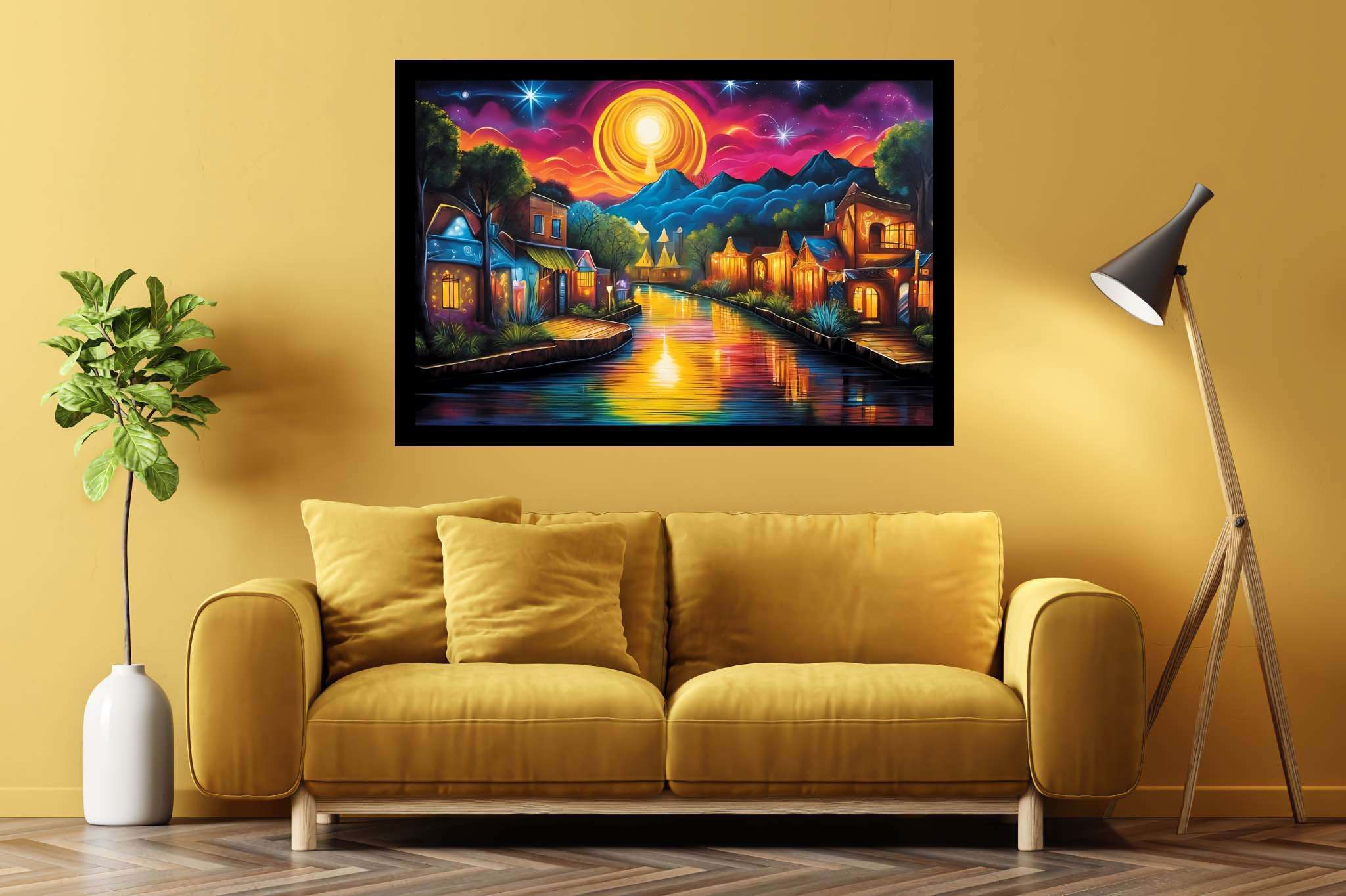 Twilight serenade in solstice town: Serene art with tranquil artistic creations, in a room with innovative layout, canvas prints, and trendy home accents. The art can be printed on poster, framed poster, canvas, metal, acrylic or wood, exclusively at WallArtZen. Find this exact print at https://wallartzen.com/waz280