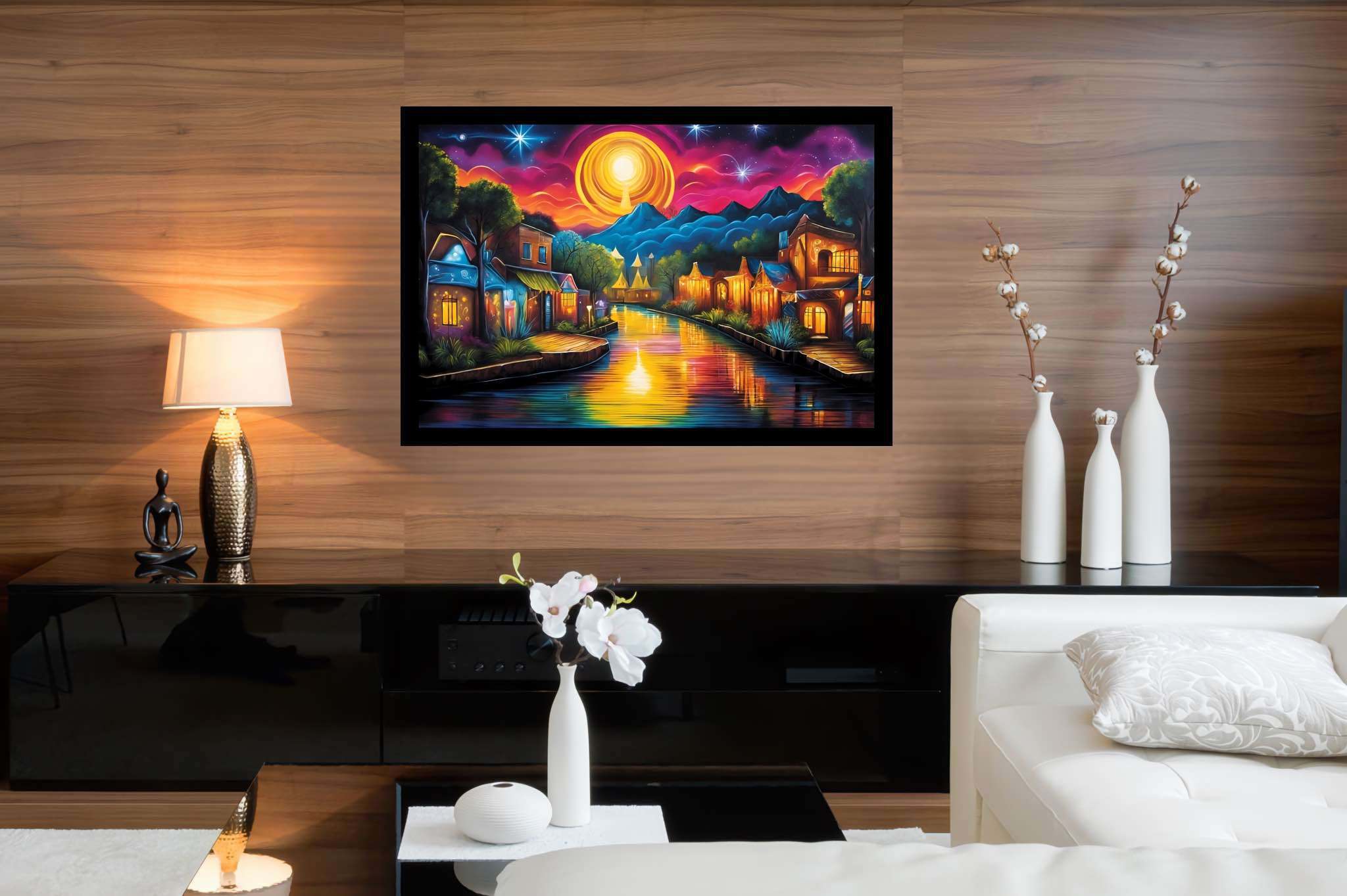 Twilight serenade in solstice town: Serene art with serene artistry, in a room with minimalist approach, gallery-quality artwork, and stylish accessories. The art can be printed on poster, framed poster, canvas, metal, acrylic or wood, exclusively at WallArtZen. Find this exact print at https://wallartzen.com/waz280