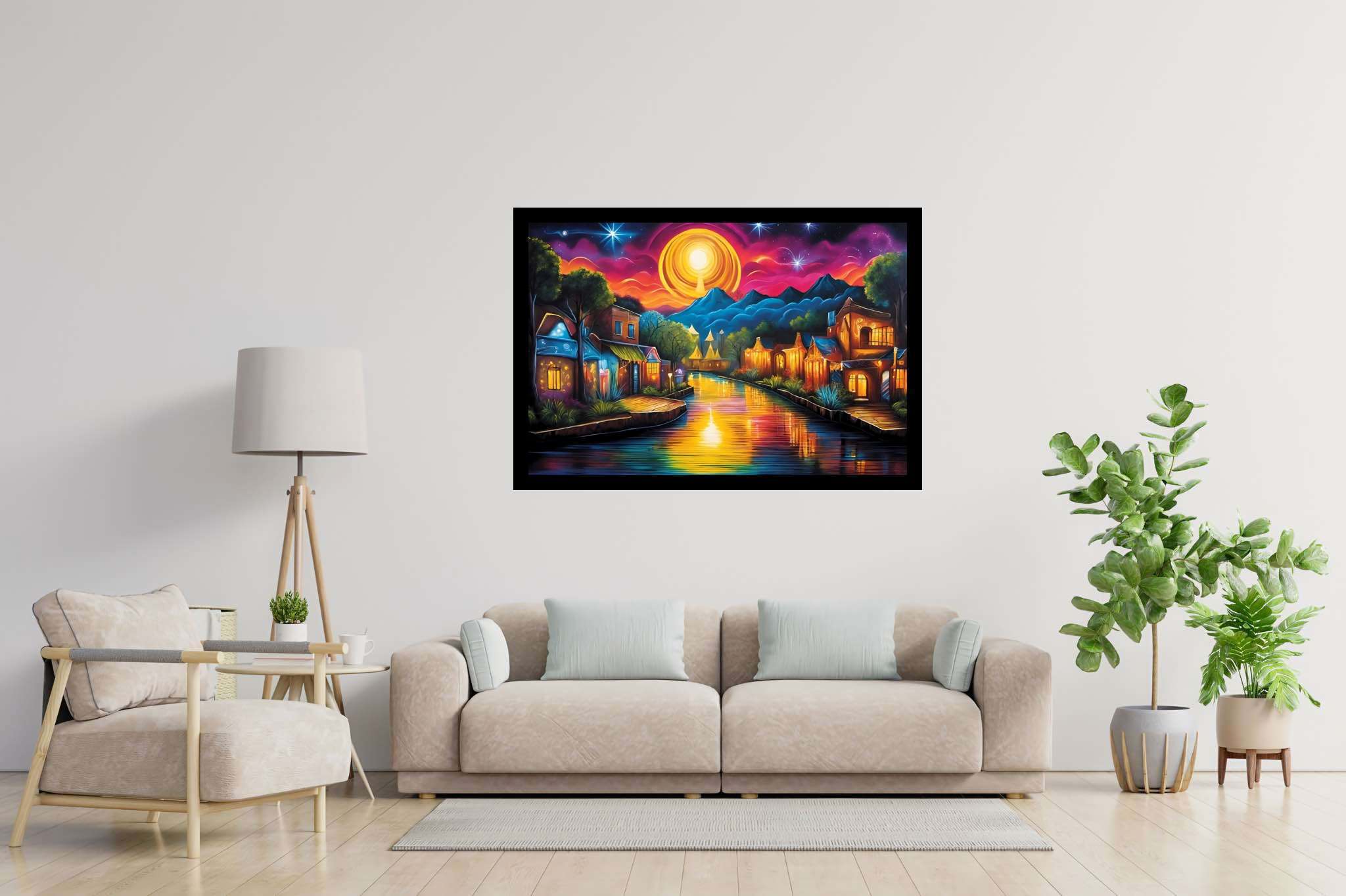 Twilight serenade in solstice town: Serene art with serene art, in a room with chic decor, bespoke art designs, and elegant home goods. The art can be printed on poster, framed poster, canvas, metal, acrylic or wood, exclusively at WallArtZen. Find this exact print at https://wallartzen.com/waz280