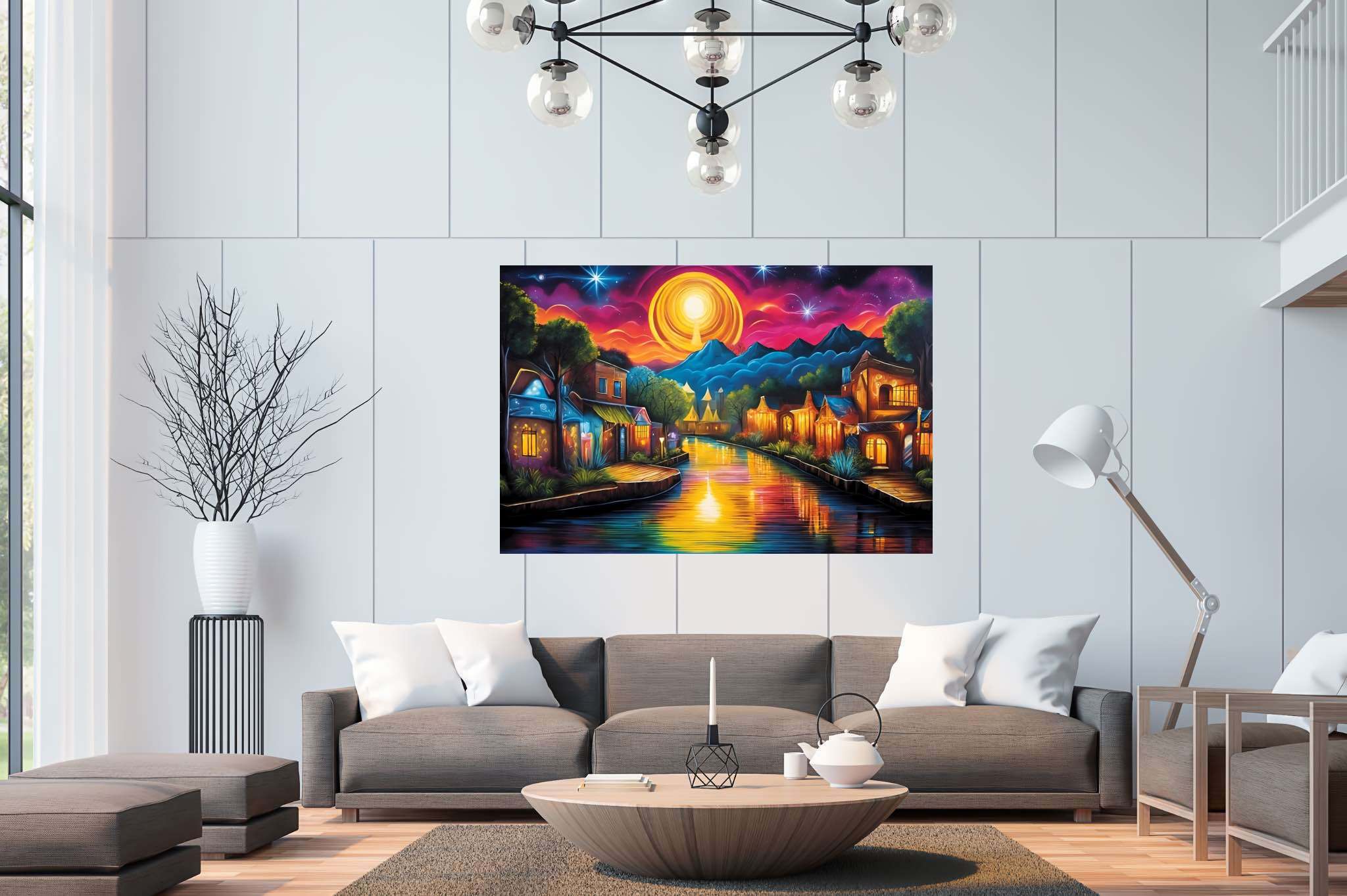 Twilight serenade in solstice town: Serene art with relaxing artwork, in a room with contemporary flair, wall hangings, and trendy home accents. The art can be printed on poster, framed poster, canvas, metal, acrylic or wood, exclusively at WallArtZen. Find this exact print at https://wallartzen.com/waz280