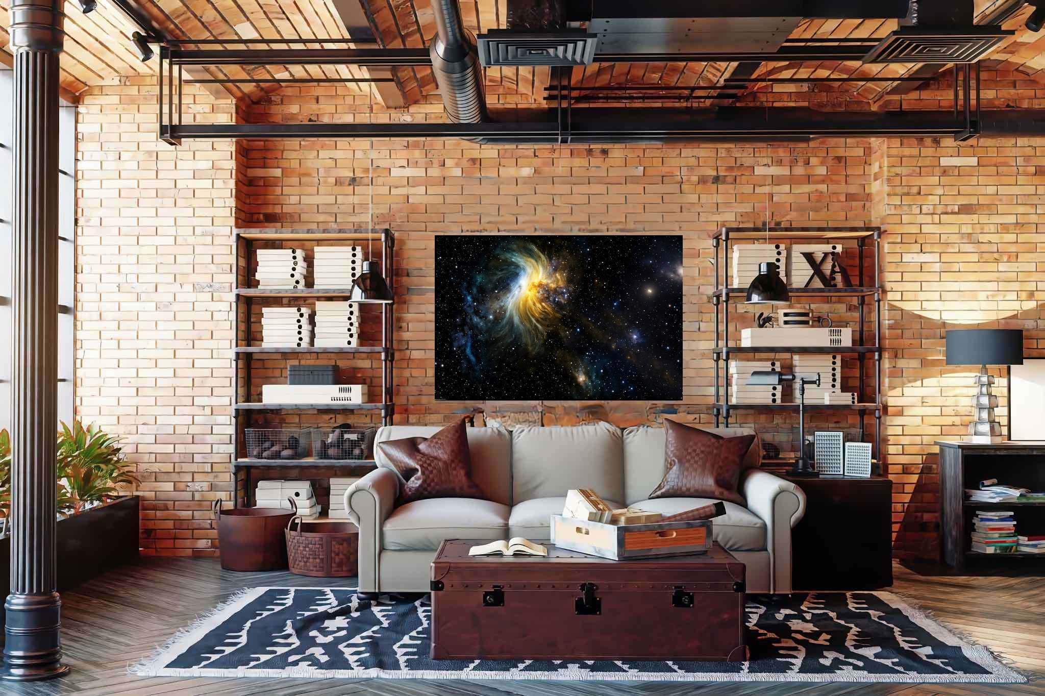 Stardust serenade: Cosmos art with interstellar illustrations, in a room with artistic style, wall hangings, and luxe decor. The art can be printed on poster, framed poster, canvas, metal, acrylic or wood, exclusively at WallArtZen. Find this exact print at https://wallartzen.com/waz281
