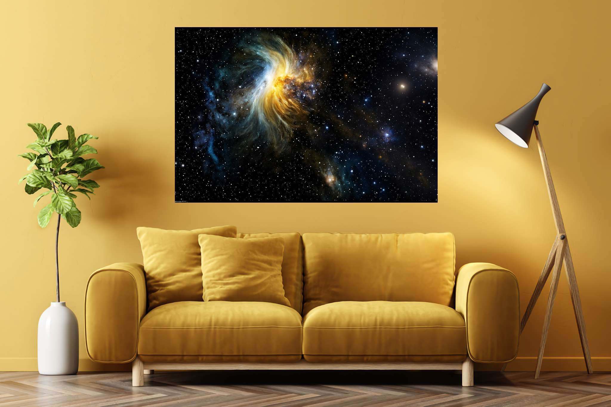 Stardust serenade: Cosmos art with celestial-themed art, in a room with minimalist approach, bespoke art designs, and stylish accessories. The art can be printed on poster, framed poster, canvas, metal, acrylic or wood, exclusively at WallArtZen. Find this exact print at https://wallartzen.com/waz281