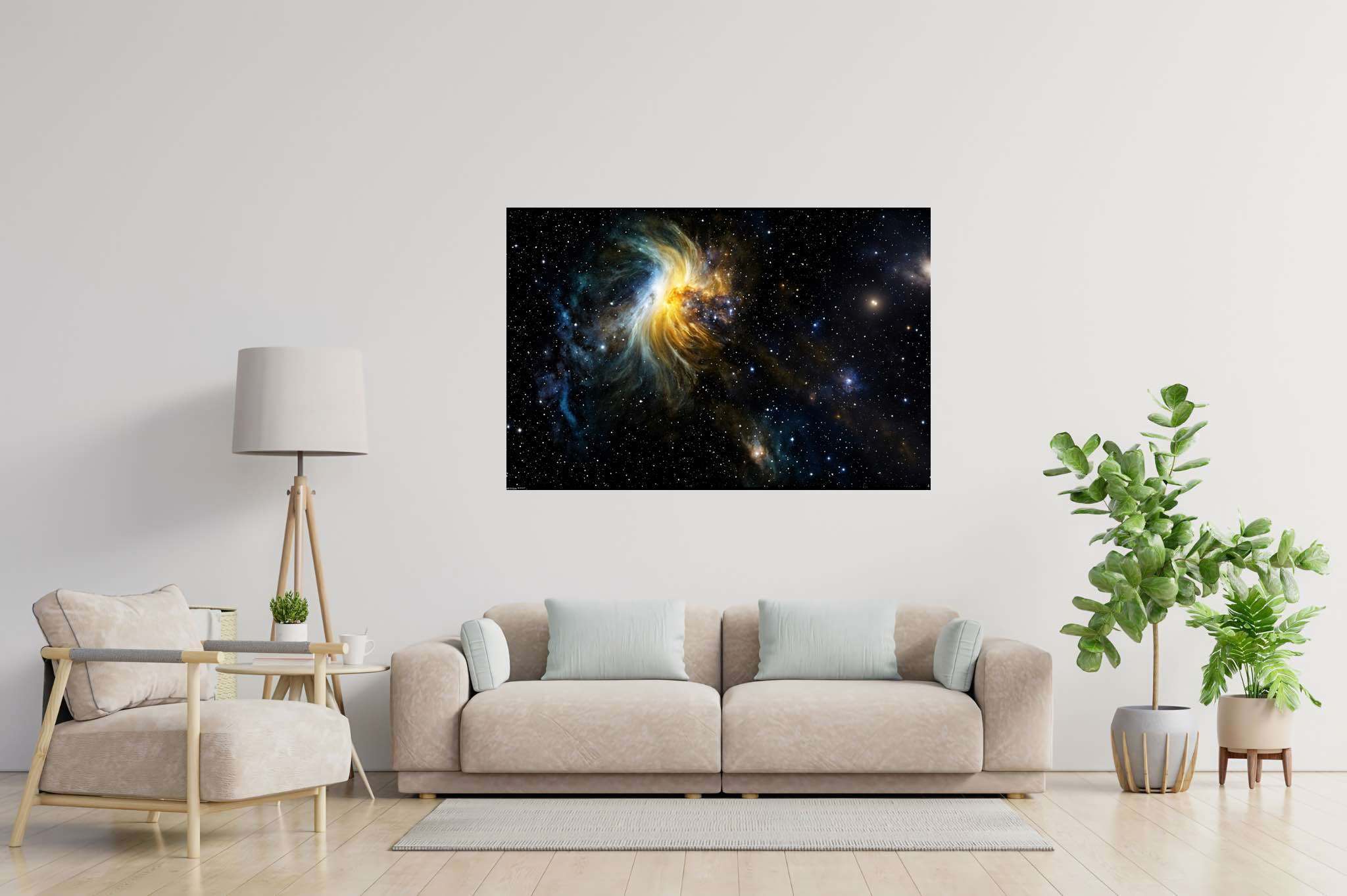 Stardust serenade: Cosmos art with interstellar illustrations, in a room with urban design, canvas prints, and stylish accessories. The art can be printed on poster, framed poster, canvas, metal, acrylic or wood, exclusively at WallArtZen. Find this exact print at https://wallartzen.com/waz281