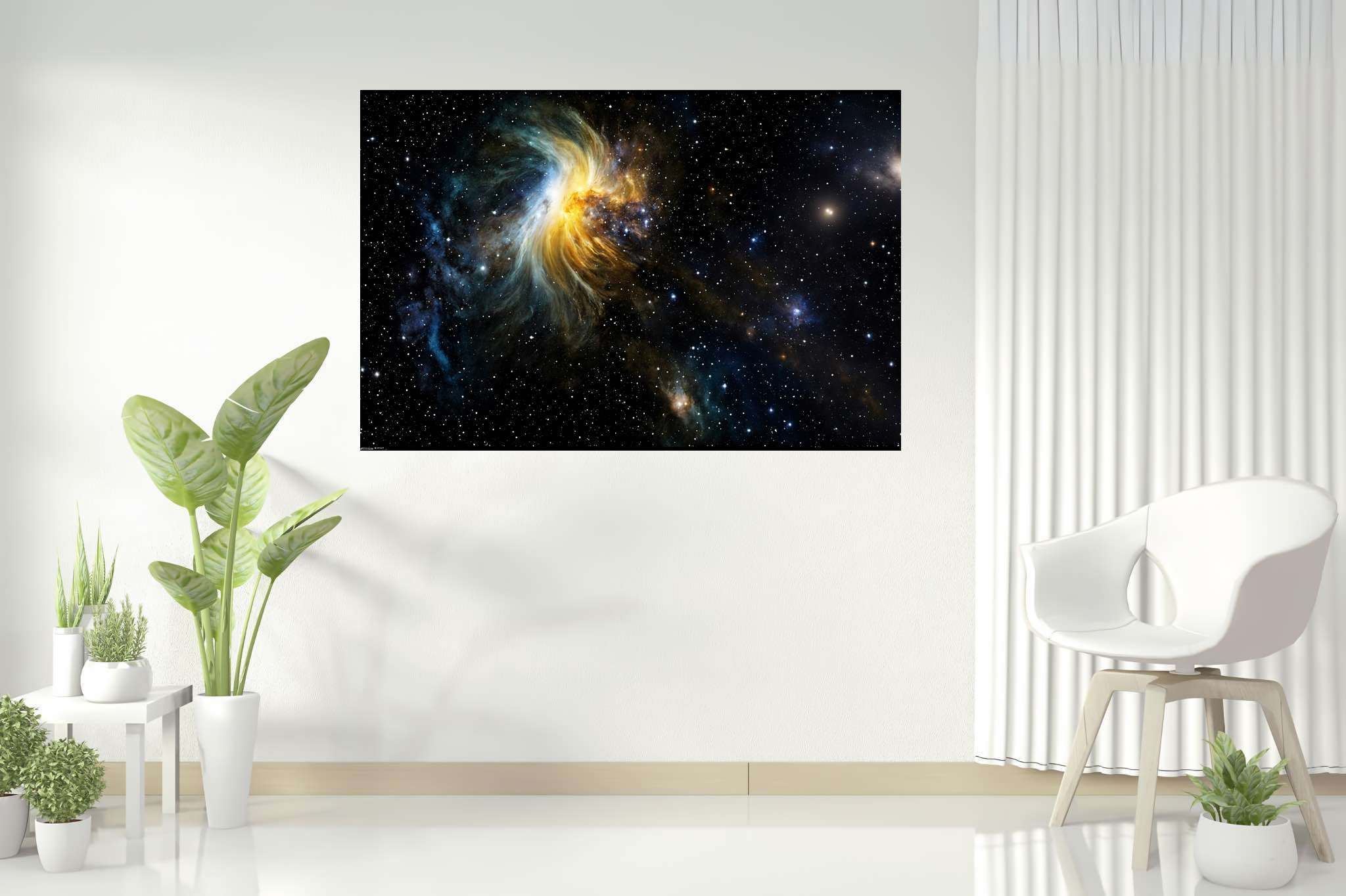 Stardust serenade: Cosmos art with galactic masterpieces, in a room with artistic style, wall art, and trendy home accents. The art can be printed on poster, framed poster, canvas, metal, acrylic or wood, exclusively at WallArtZen. Find this exact print at https://wallartzen.com/waz281