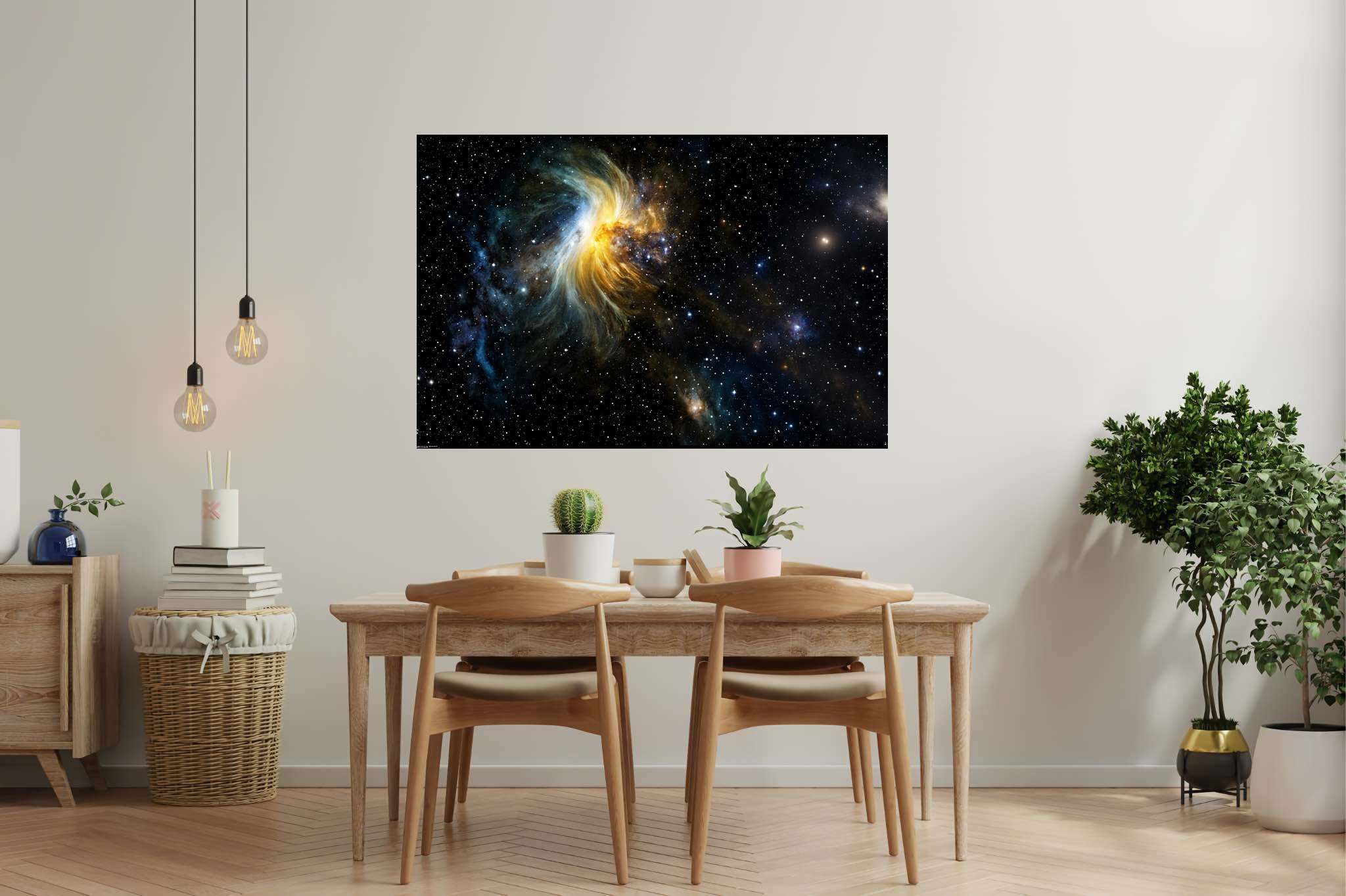 Stardust serenade: Cosmos art with space-inspired artwork, in a room with chic decor, bespoke art designs, and artisan decor. The art can be printed on poster, framed poster, canvas, metal, acrylic or wood, exclusively at WallArtZen. Find this exact print at https://wallartzen.com/waz281