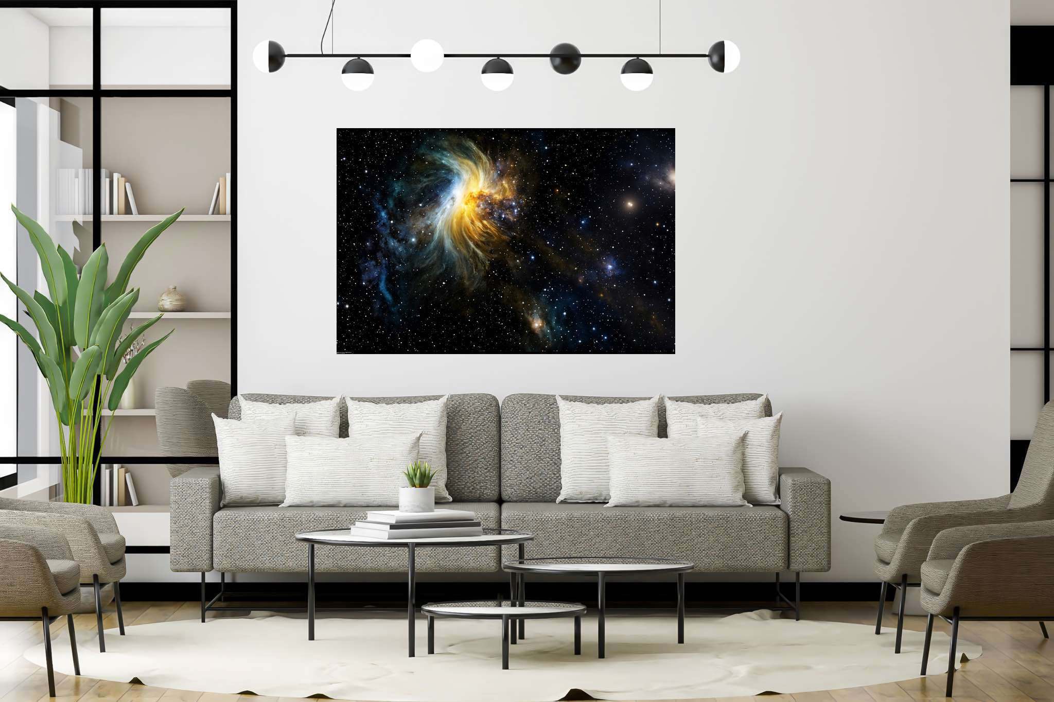 Stardust serenade: Cosmos art with astronomical art, in a room with chic decor, photographic wall art, and home furnishings. The art can be printed on poster, framed poster, canvas, metal, acrylic or wood, exclusively at WallArtZen. Find this exact print at https://wallartzen.com/waz281