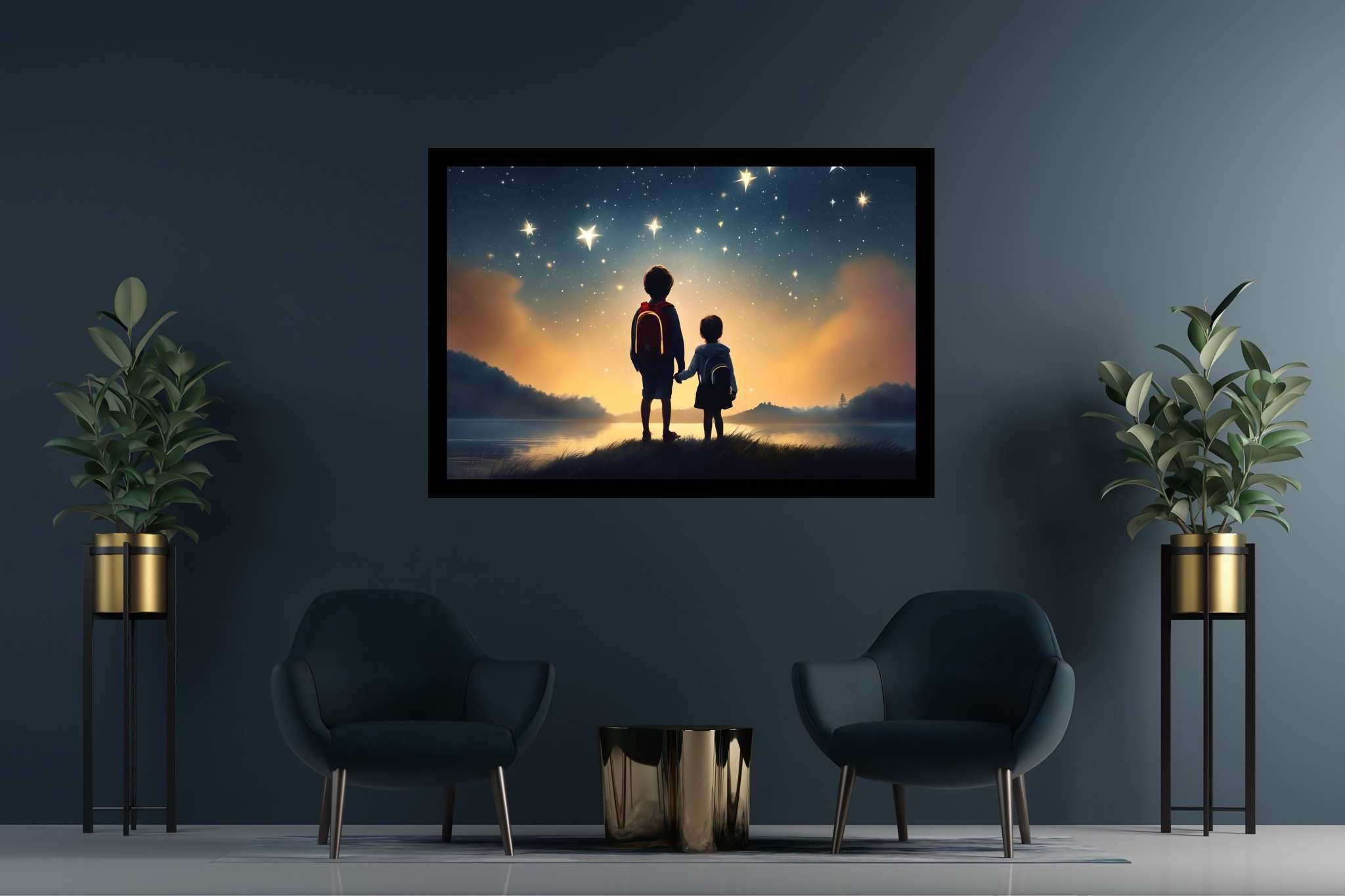 Stardust sojourners: Star-filled night art with celestial-themed art, in a room with classic elegance, mural artworks, and home styling items. The art can be printed on poster, framed poster, canvas, metal, acrylic or wood, exclusively at WallArtZen. Find this exact print at https://wallartzen.com/waz282