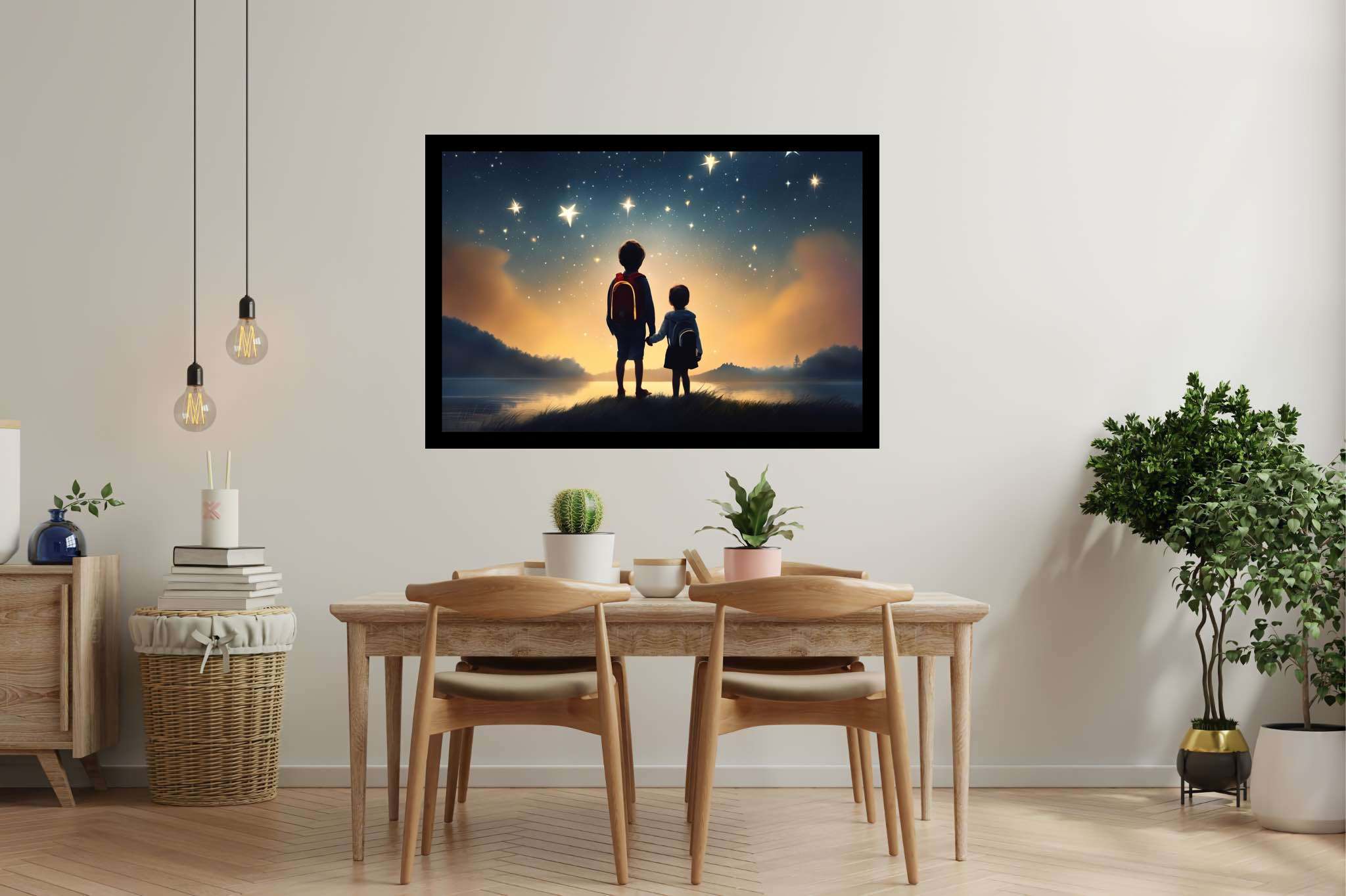 Stardust sojourners: Star-filled night art with celestial artistry, in a room with chic decor, wall art, and decorative pieces. The art can be printed on poster, framed poster, canvas, metal, acrylic or wood, exclusively at WallArtZen. Find this exact print at https://wallartzen.com/waz282