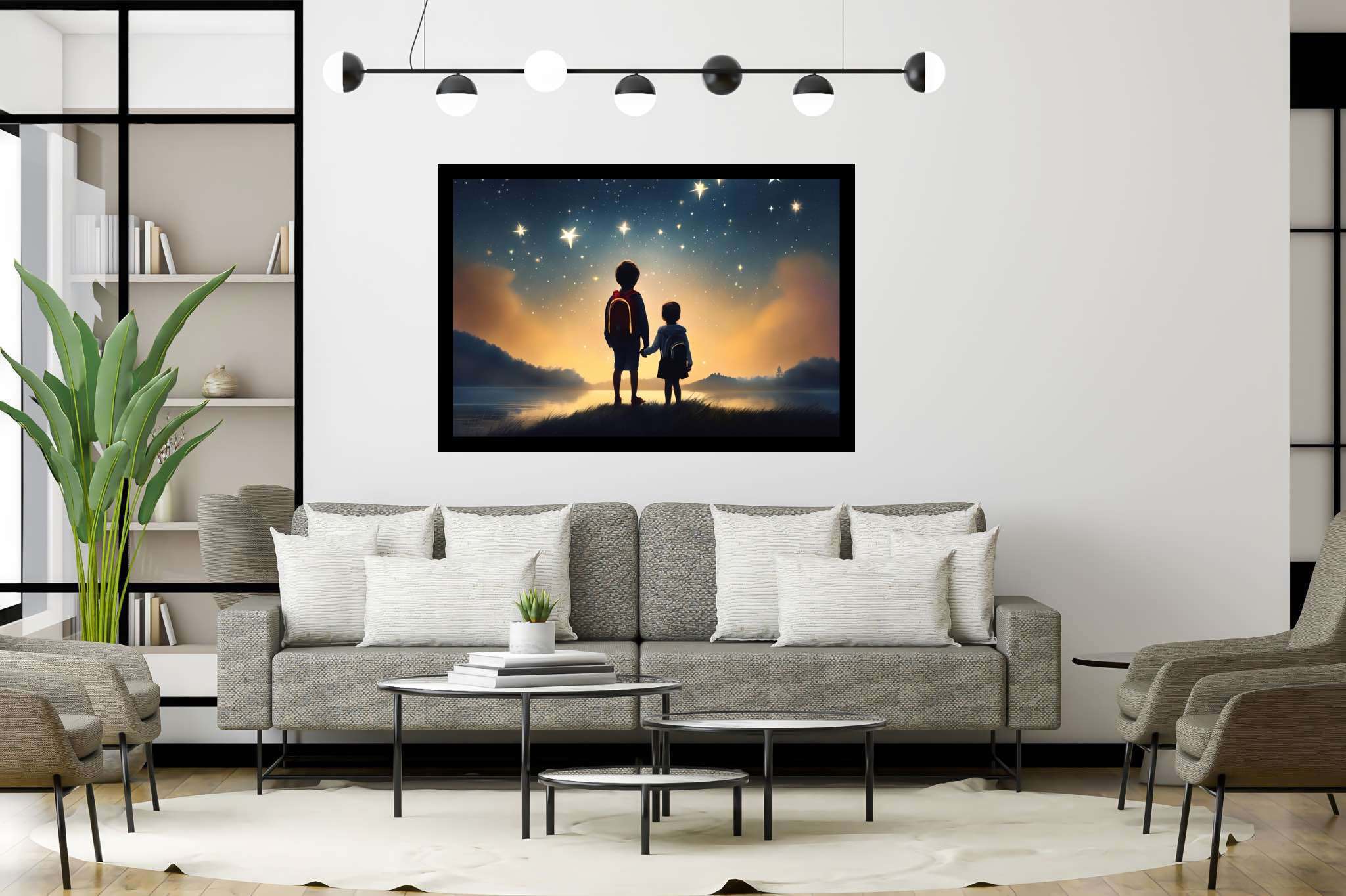 Stardust sojourners: Star-filled night art with celestial artistry, in a room with minimalist approach, framed art, and home furnishings. The art can be printed on poster, framed poster, canvas, metal, acrylic or wood, exclusively at WallArtZen. Find this exact print at https://wallartzen.com/waz282