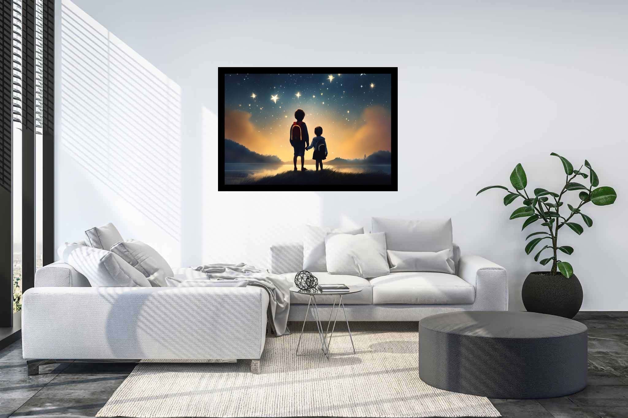 Stardust sojourners: Star-filled night art with astronomical paintings, in a room with artistic style, wall art, and trendy home accents. The art can be printed on poster, framed poster, canvas, metal, acrylic or wood, exclusively at WallArtZen. Find this exact print at https://wallartzen.com/waz282