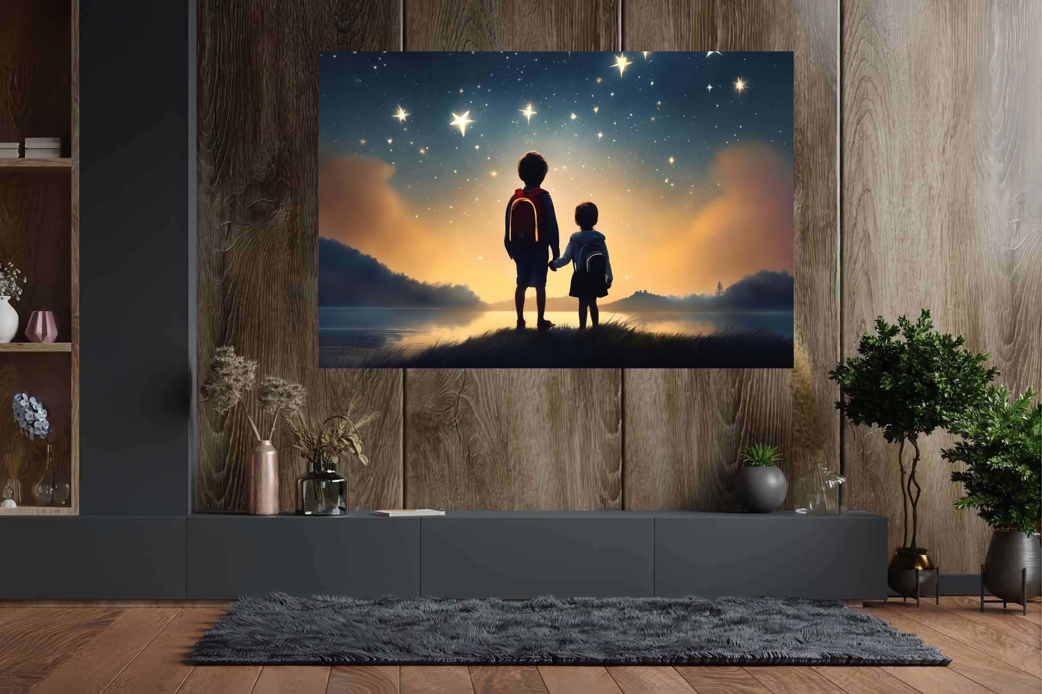 Stardust sojourners: Star-filled night art with night sky paintings, in a room with innovative layout, digital art pieces, and home styling items. The art can be printed on poster, framed poster, canvas, metal, acrylic or wood, exclusively at WallArtZen. Find this exact print at https://wallartzen.com/waz282
