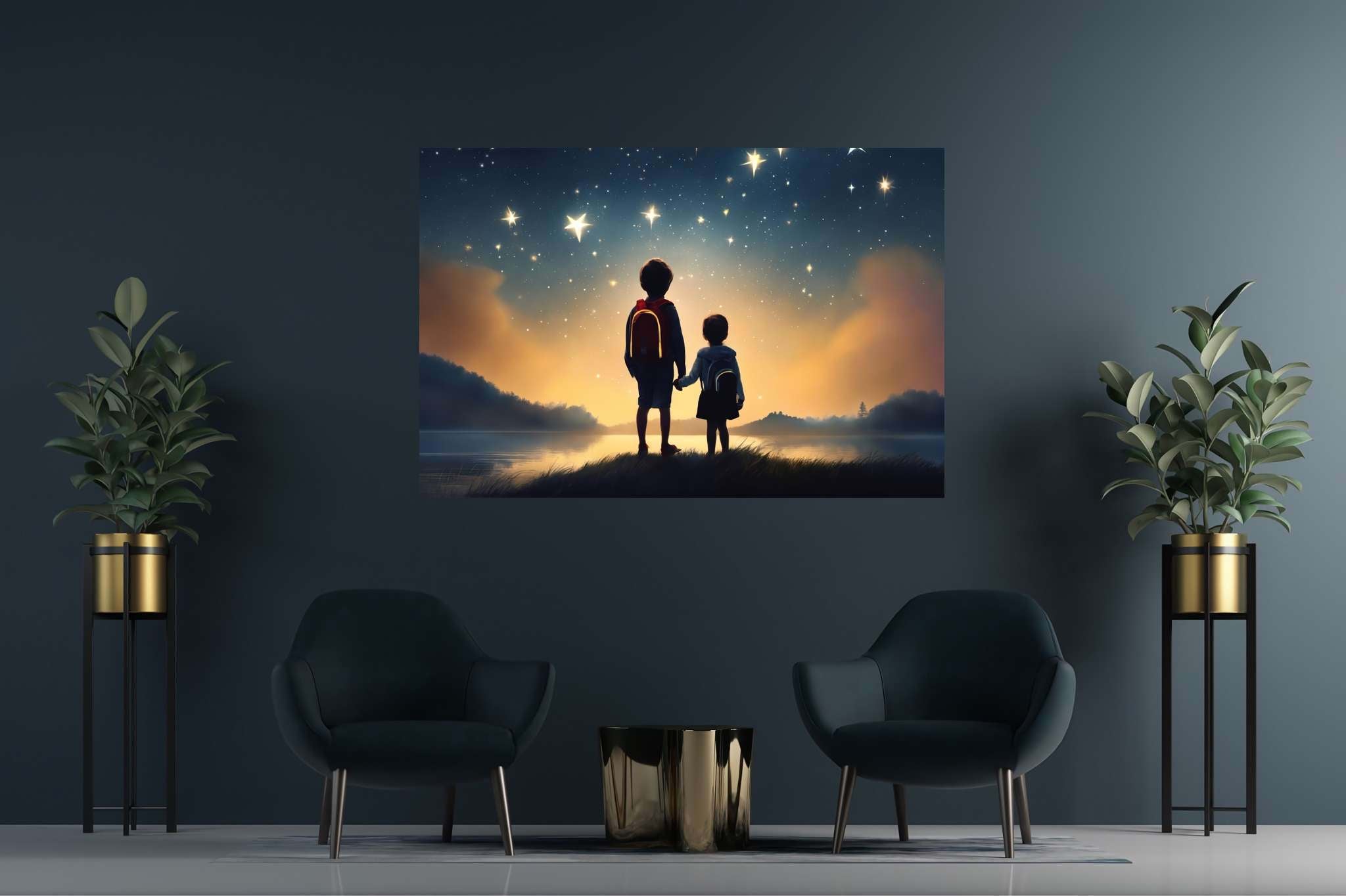 Stardust sojourners: Star-filled night art with star-filled night art, in a room with contemporary flair, abstract paintings, and stylish accessories. The art can be printed on poster, framed poster, canvas, metal, acrylic or wood, exclusively at WallArtZen. Find this exact print at https://wallartzen.com/waz282