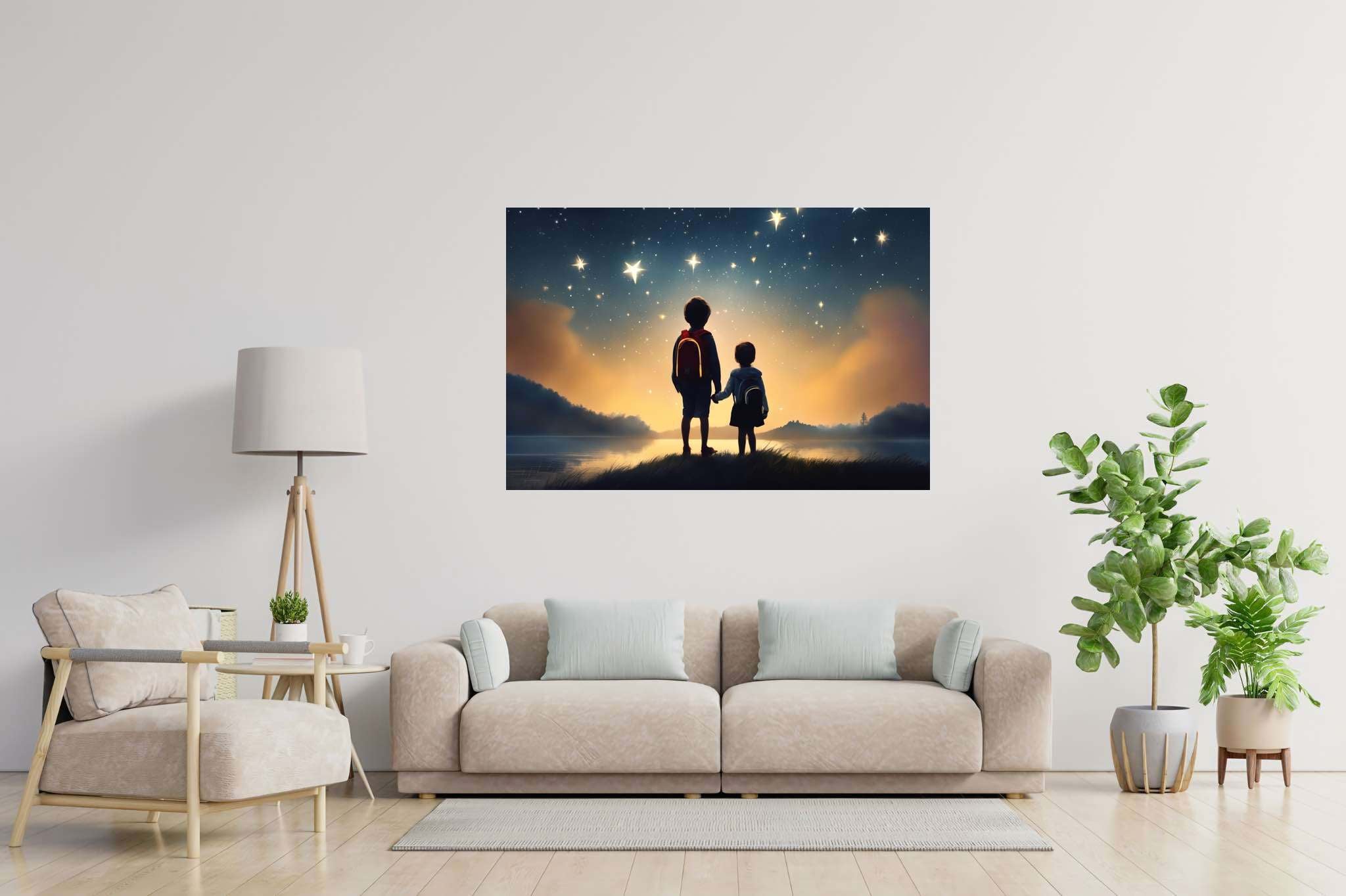 Stardust sojourners: Star-filled night art with sky-inspired masterpieces, in a room with minimalist approach, mural artworks, and designer furniture. The art can be printed on poster, framed poster, canvas, metal, acrylic or wood, exclusively at WallArtZen. Find this exact print at https://wallartzen.com/waz282