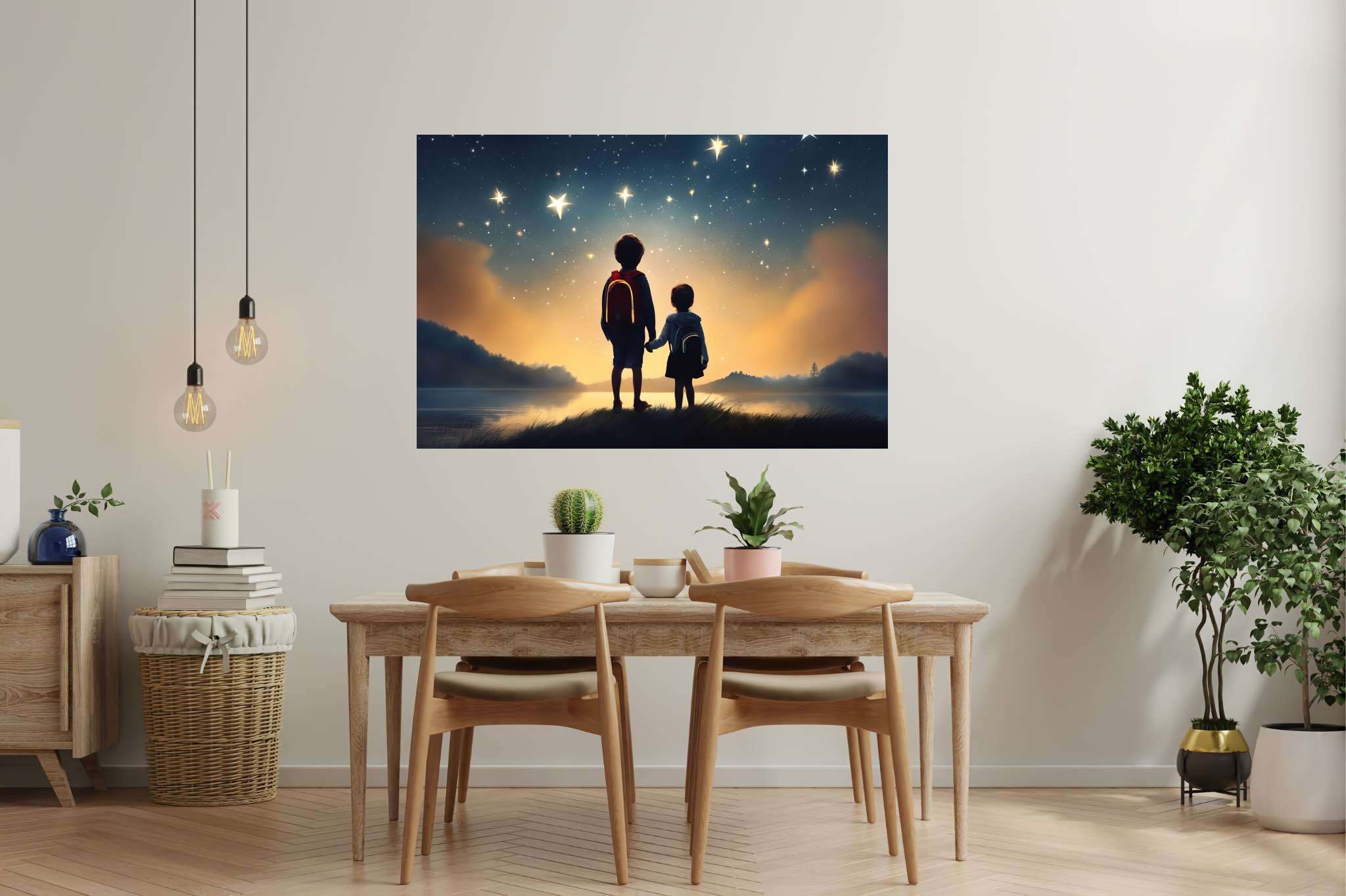Stardust sojourners: Star-filled night art with starry night artwork, in a room with chic decor, digital art pieces, and artisan decor. The art can be printed on poster, framed poster, canvas, metal, acrylic or wood, exclusively at WallArtZen. Find this exact print at https://wallartzen.com/waz282