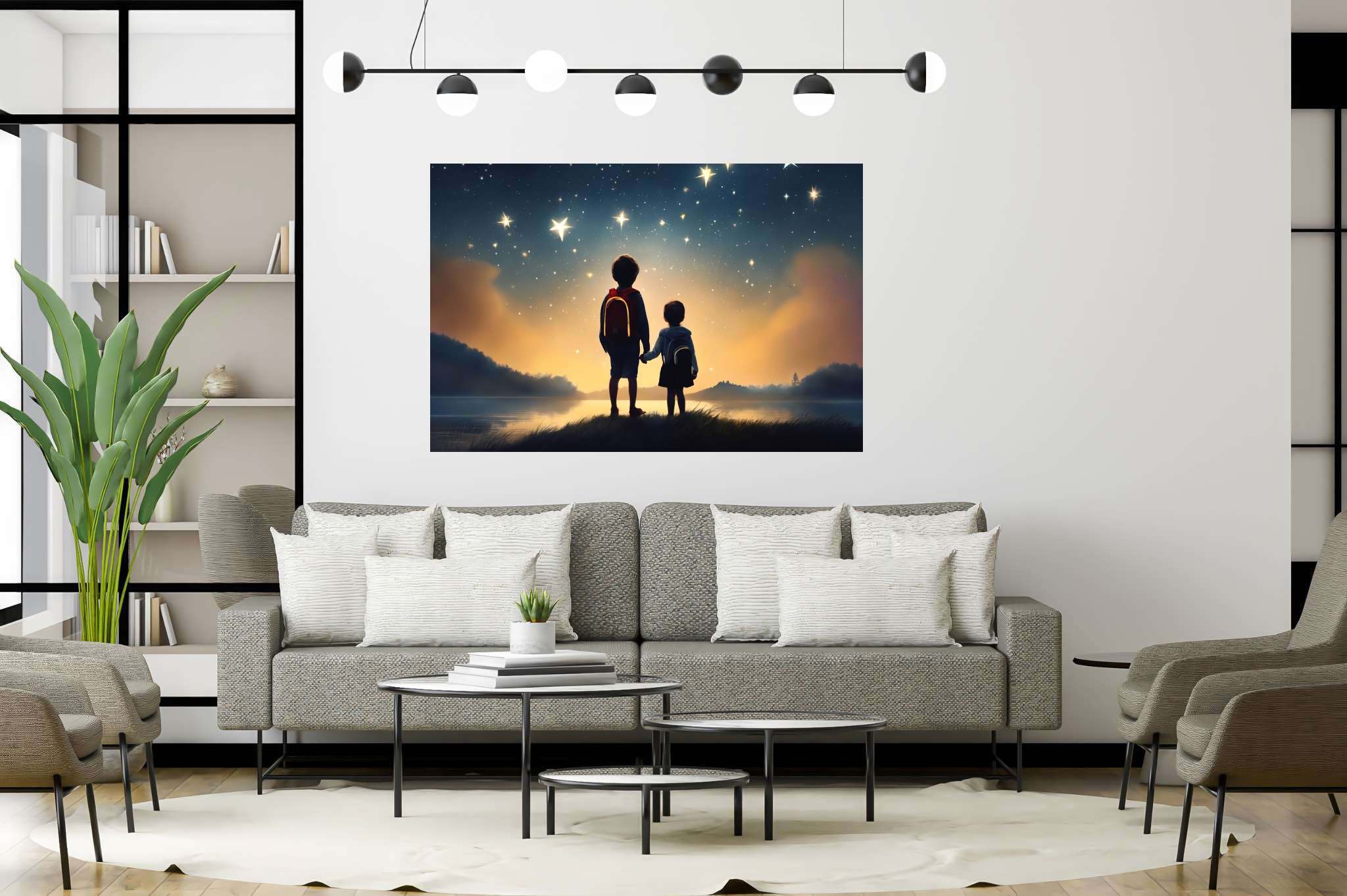 Stardust sojourners: Star-filled night art with galaxy artwork, in a room with classic elegance, abstract paintings, and designer furniture. The art can be printed on poster, framed poster, canvas, metal, acrylic or wood, exclusively at WallArtZen. Find this exact print at https://wallartzen.com/waz282
