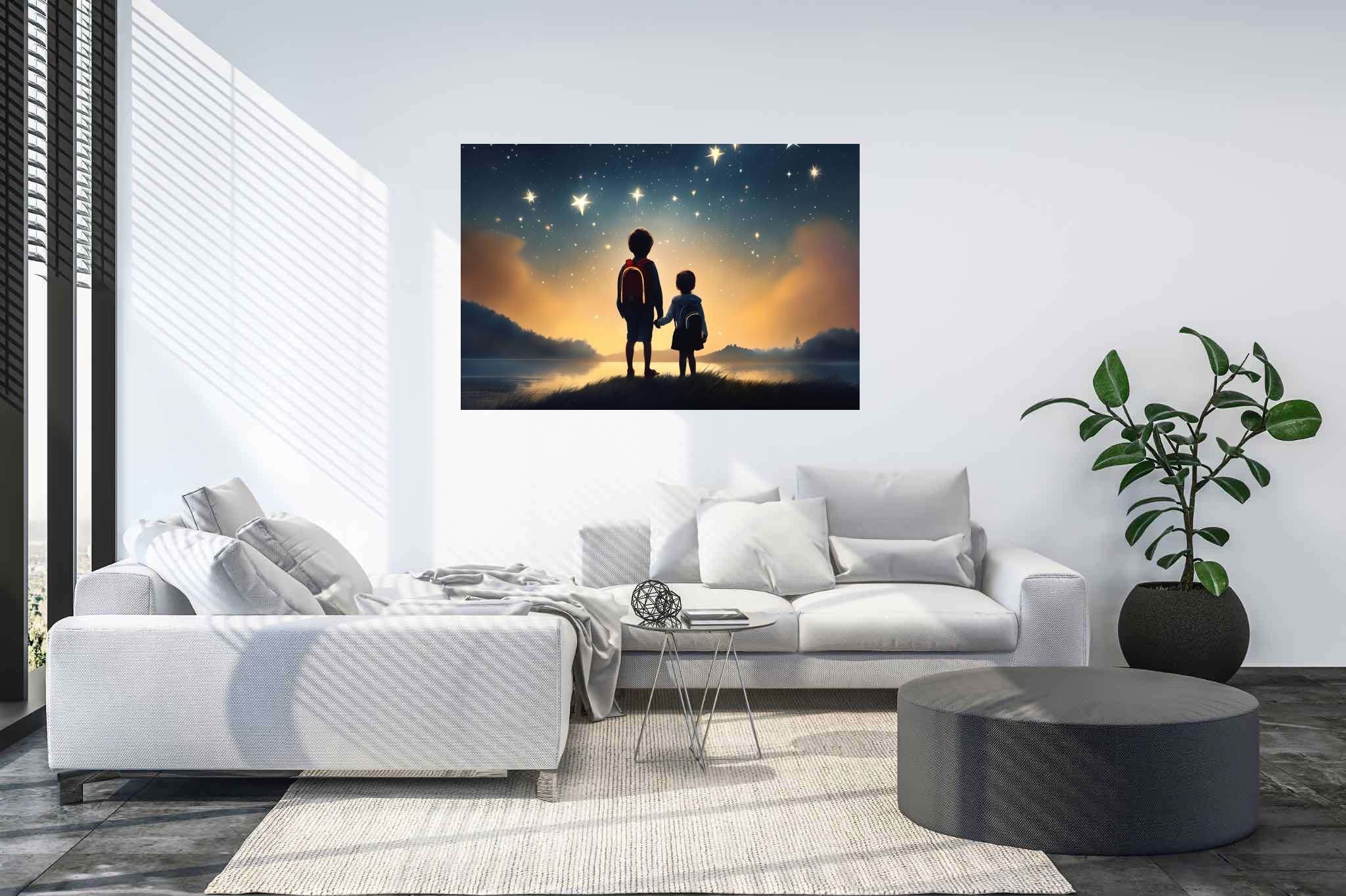 Stardust sojourners: Star-filled night art with night sky paintings, in a room with elegant layout, bespoke art designs, and trendy home accents. The art can be printed on poster, framed poster, canvas, metal, acrylic or wood, exclusively at WallArtZen. Find this exact print at https://wallartzen.com/waz282