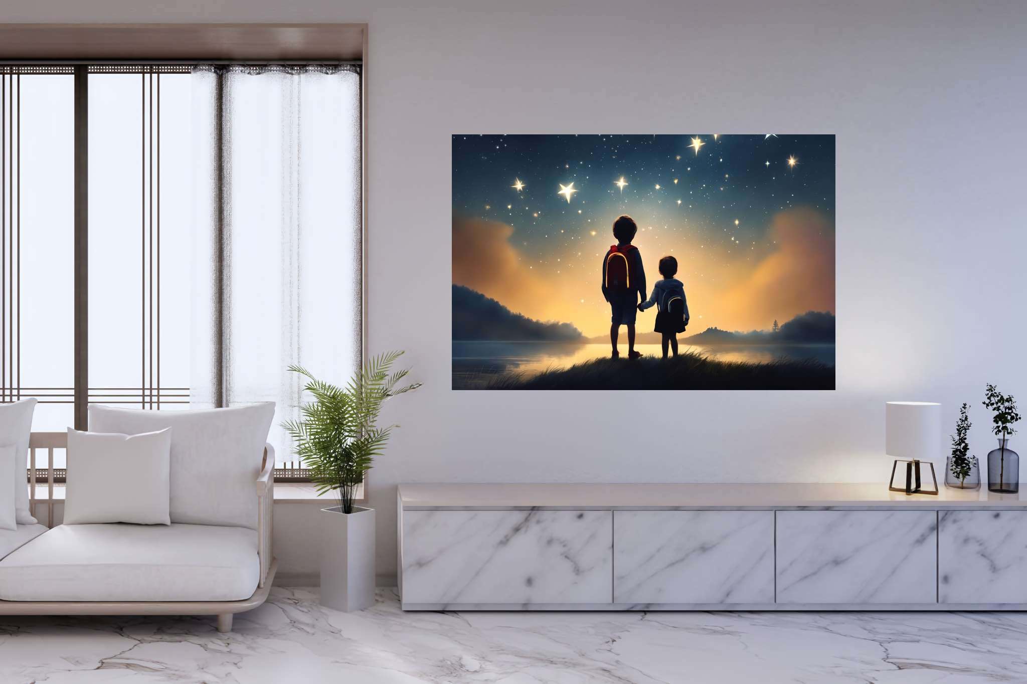 Stardust sojourners: Star-filled night art with celestial-themed art, in a room with elegant layout, wall hangings, and decorative pieces. The art can be printed on poster, framed poster, canvas, metal, acrylic or wood, exclusively at WallArtZen. Find this exact print at https://wallartzen.com/waz282