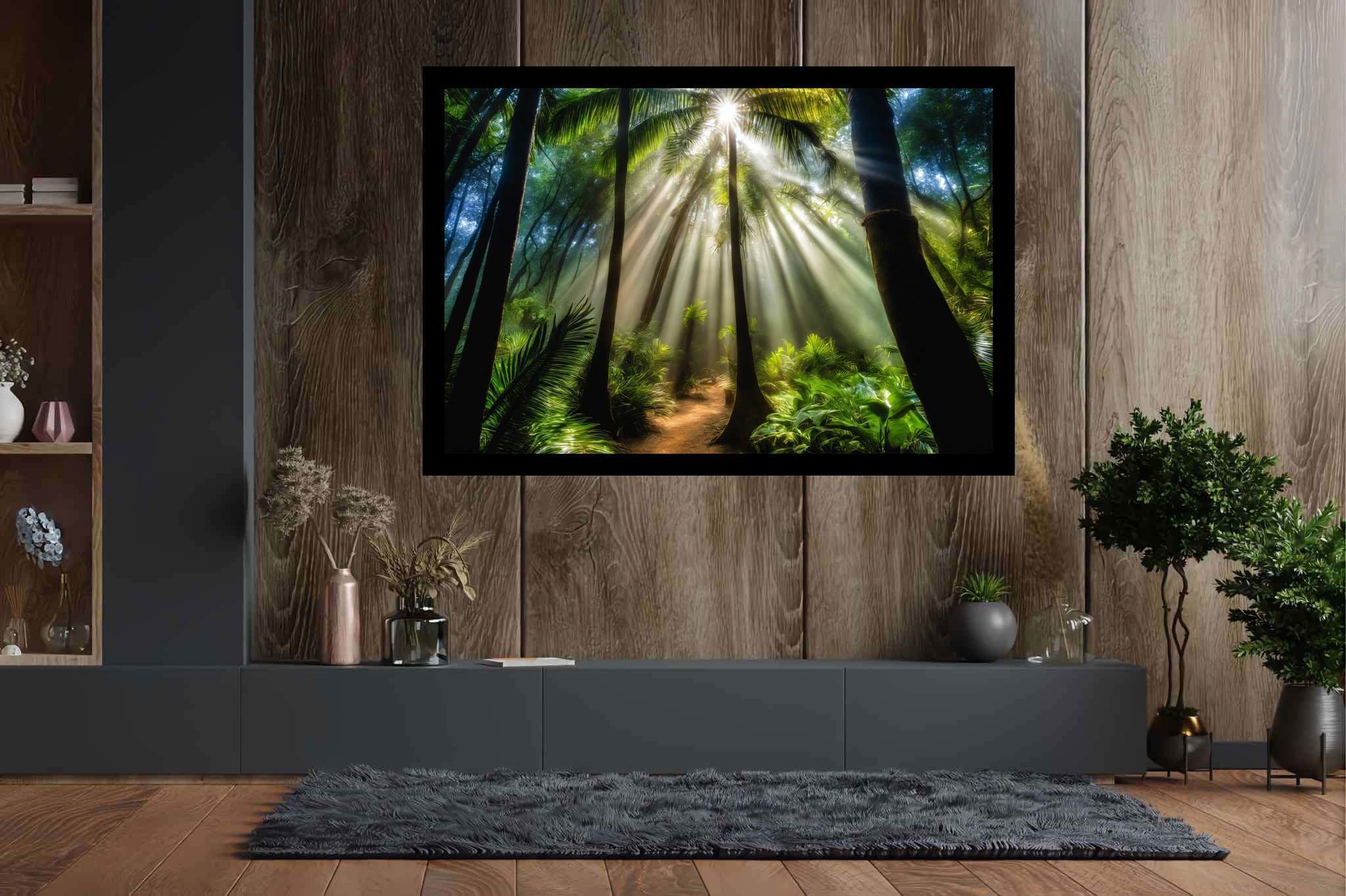 Starlit grove reverie: Enchanted forest art with enchanted forest art, in a room with urban design, wall art, and home furnishings. The art can be printed on poster, framed poster, canvas, metal, acrylic or wood, exclusively at WallArtZen. Find this exact print at https://wallartzen.com/waz283