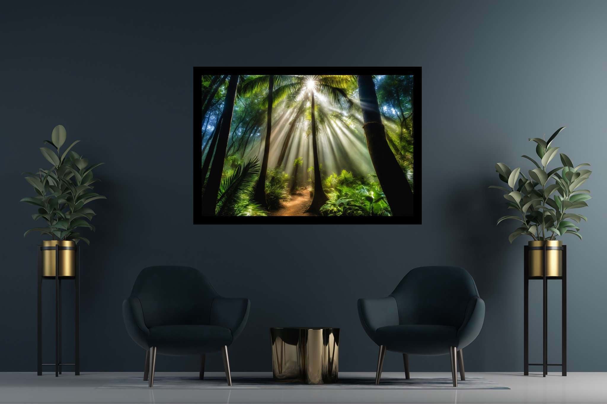 Starlit grove reverie: Enchanted forest art with fantasy landscapes, in a room with elegant layout, canvas prints, and home styling items. The art can be printed on poster, framed poster, canvas, metal, acrylic or wood, exclusively at WallArtZen. Find this exact print at https://wallartzen.com/waz283