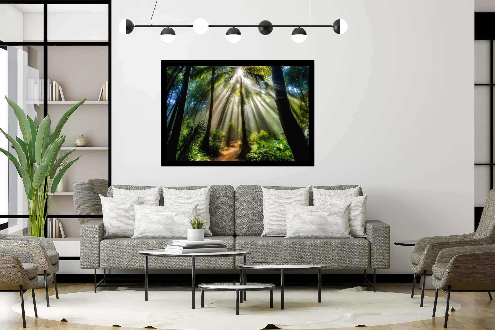 Starlit grove reverie: Enchanted forest art with ethereal art, in a room with modern style, mural artworks, and luxe decor. The art can be printed on poster, framed poster, canvas, metal, acrylic or wood, exclusively at WallArtZen. Find this exact print at https://wallartzen.com/waz283