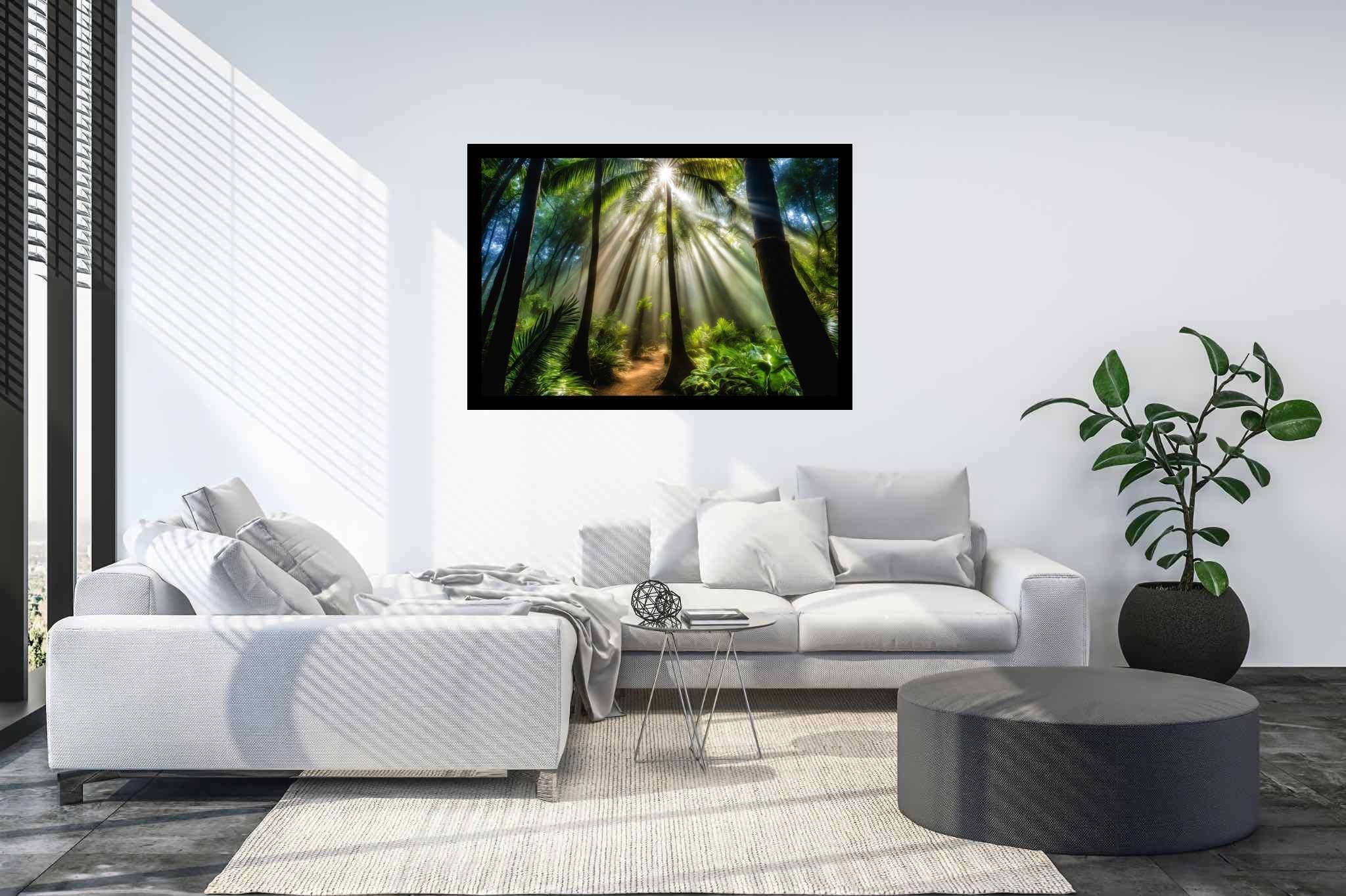Starlit grove reverie: Enchanted forest art with dreamlike forest paintings, in a room with modern style, canvas prints, and elegant home goods. The art can be printed on poster, framed poster, canvas, metal, acrylic or wood, exclusively at WallArtZen. Find this exact print at https://wallartzen.com/waz283