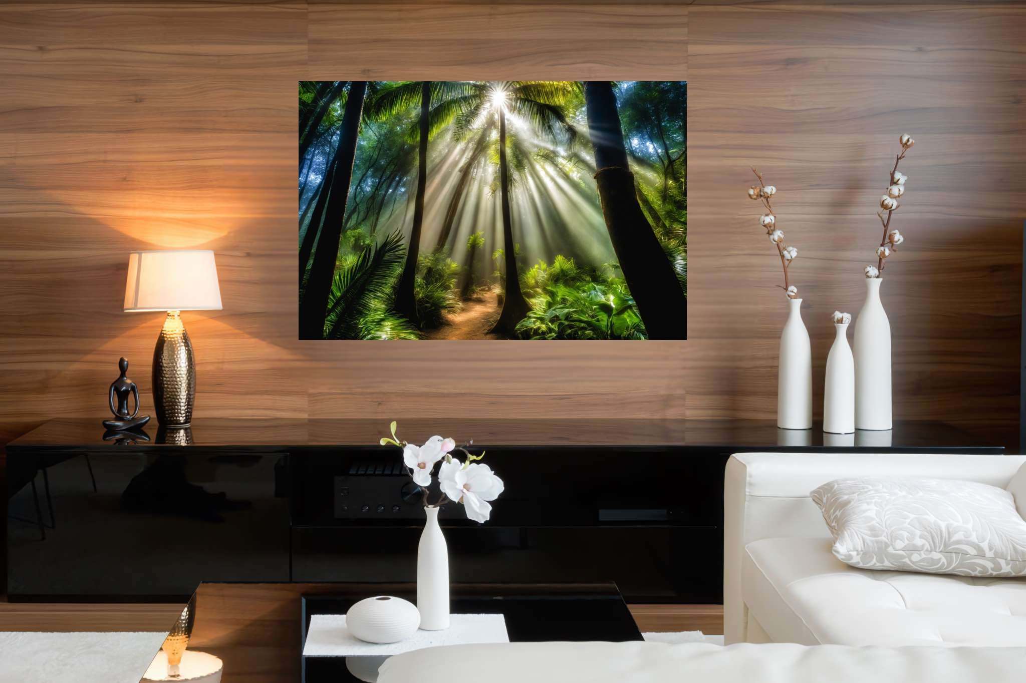Starlit grove reverie: Enchanted forest art with mystical fairytale art, in a room with artistic style, photographic wall art, and designer furniture. The art can be printed on poster, framed poster, canvas, metal, acrylic or wood, exclusively at WallArtZen. Find this exact print at https://wallartzen.com/waz283