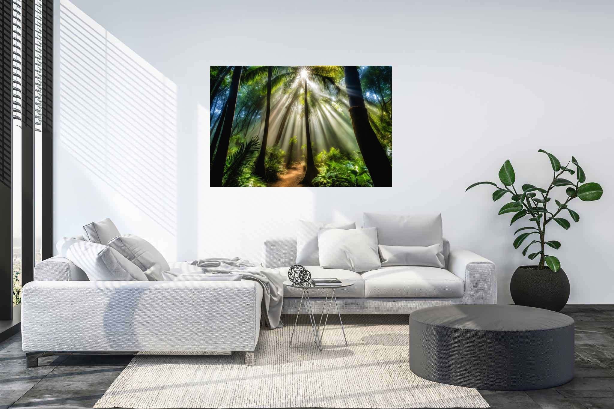 Starlit grove reverie: Enchanted forest art with dreamlike forest paintings, in a room with elegant layout, abstract paintings, and stylish accessories. The art can be printed on poster, framed poster, canvas, metal, acrylic or wood, exclusively at WallArtZen. Find this exact print at https://wallartzen.com/waz283