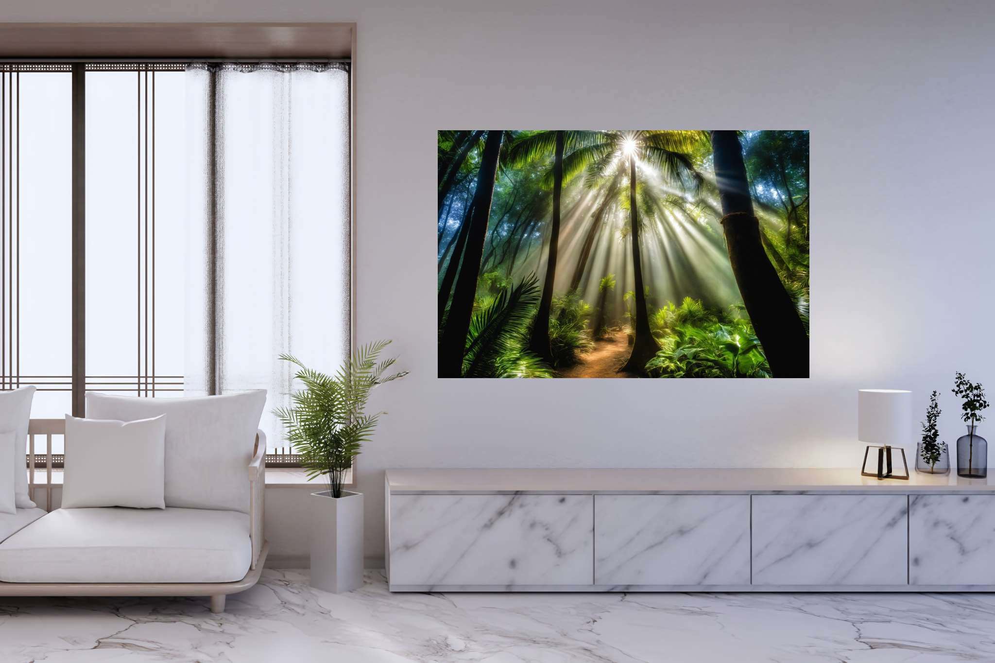 Starlit grove reverie: Enchanted forest art with enchanted forest fantasy, in a room with elegant layout, bespoke art designs, and trendy home accents. The art can be printed on poster, framed poster, canvas, metal, acrylic or wood, exclusively at WallArtZen. Find this exact print at https://wallartzen.com/waz283