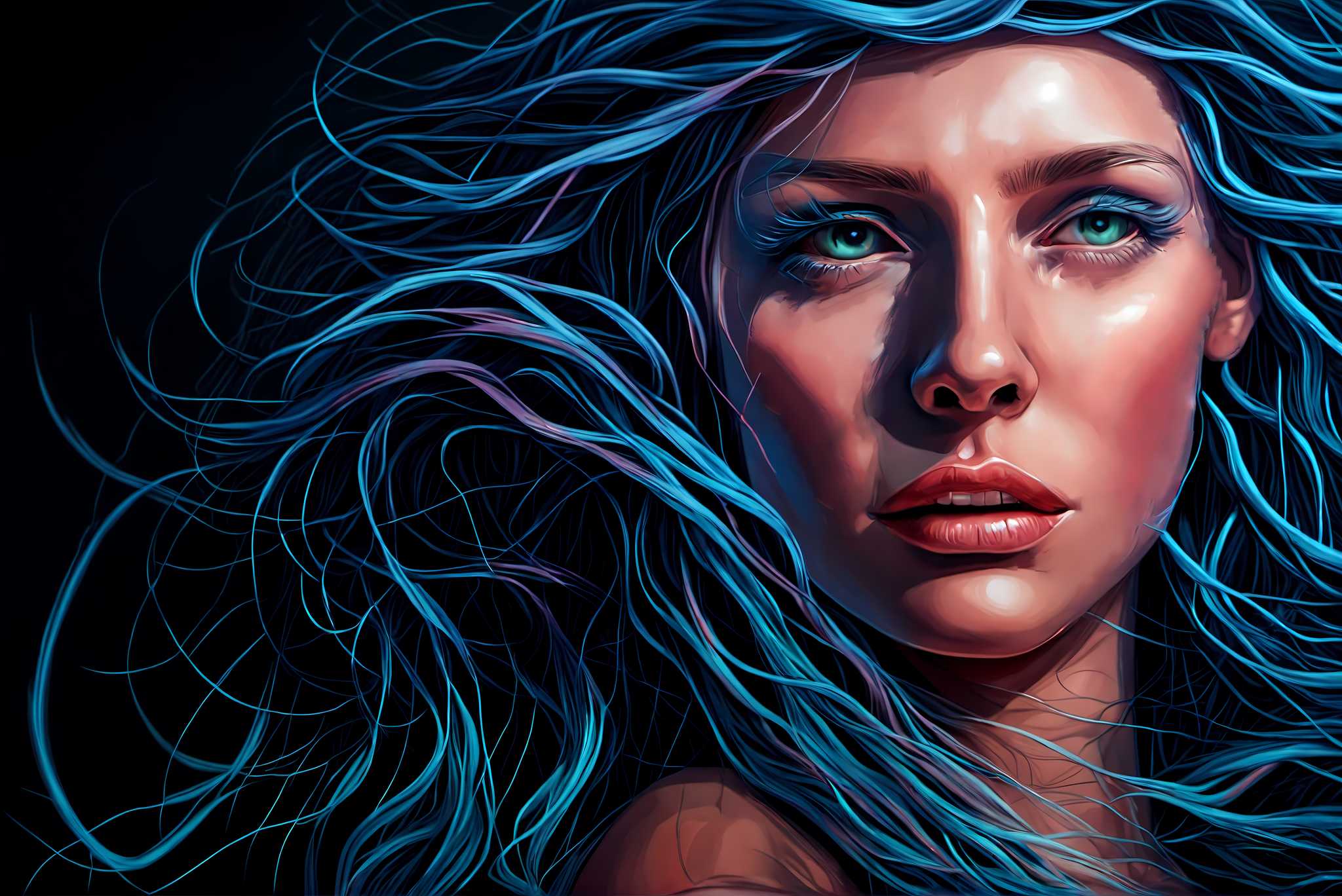Azure siren's reverie: Surrealistic art with surrealistic art, in a room with contemporary flair, photographic wall art, and home furnishings. The art can be printed on poster, framed poster, canvas, metal, acrylic or wood, exclusively at WallArtZen. Find this exact print at https://wallartzen.com/waz284