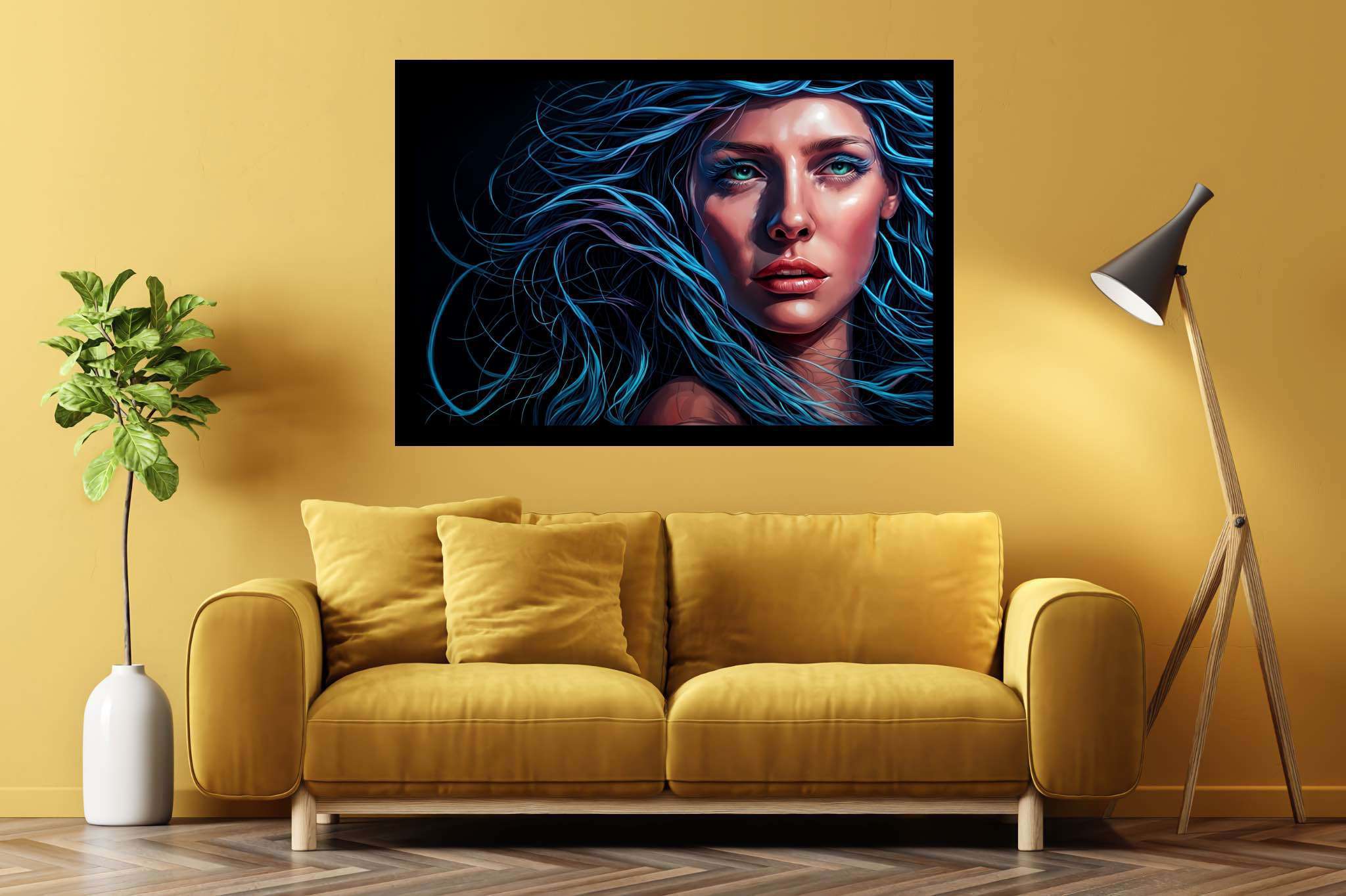 Azure siren's reverie: Surrealistic art with imaginative, in a room with elegant layout, mural artworks, and elegant home goods. The art can be printed on poster, framed poster, canvas, metal, acrylic or wood, exclusively at WallArtZen. Find this exact print at https://wallartzen.com/waz284