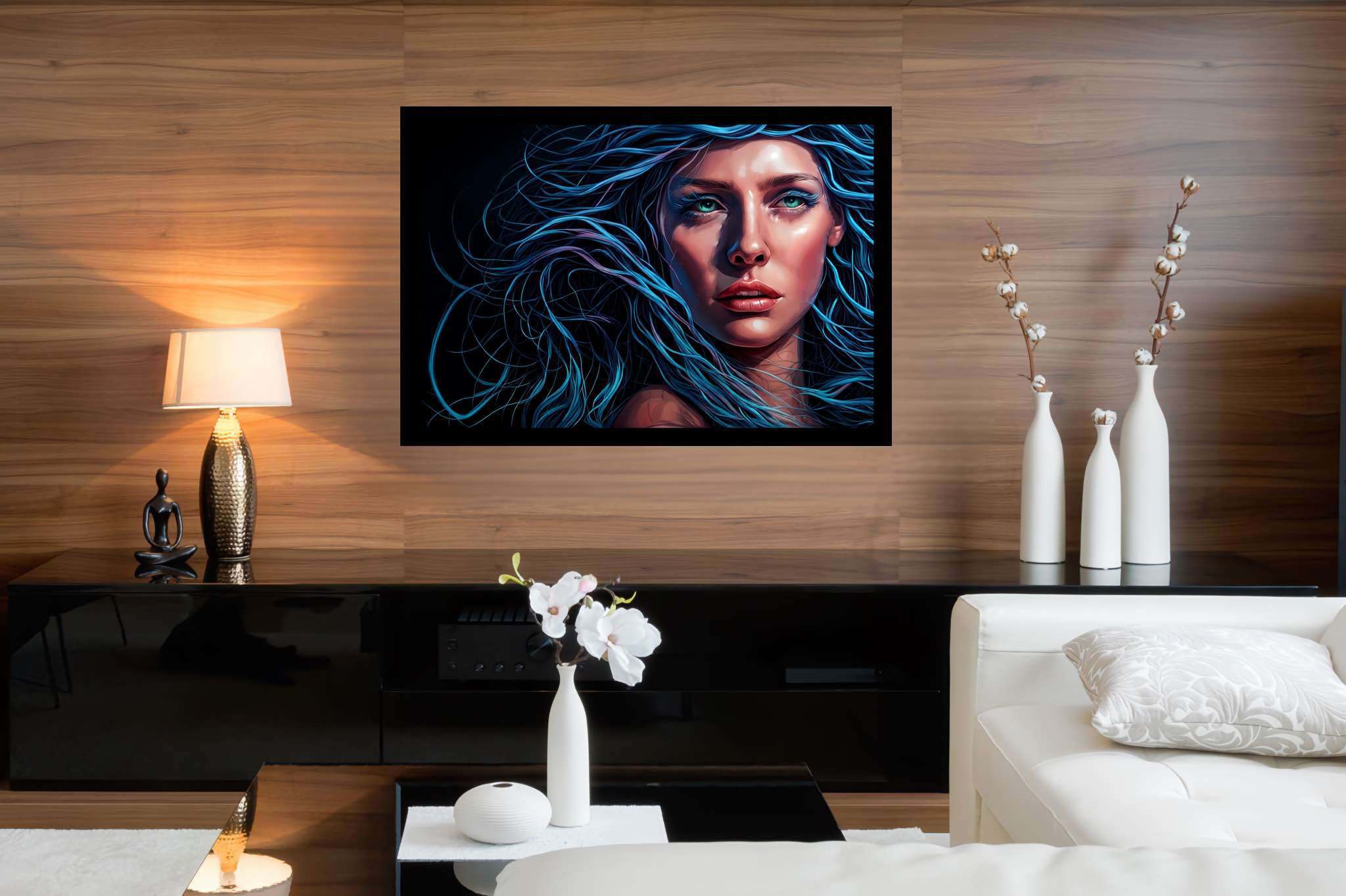 Azure siren's reverie: Surrealistic art with surrealistic art, in a room with artistic style, wall hangings, and home styling items. The art can be printed on poster, framed poster, canvas, metal, acrylic or wood, exclusively at WallArtZen. Find this exact print at https://wallartzen.com/waz284