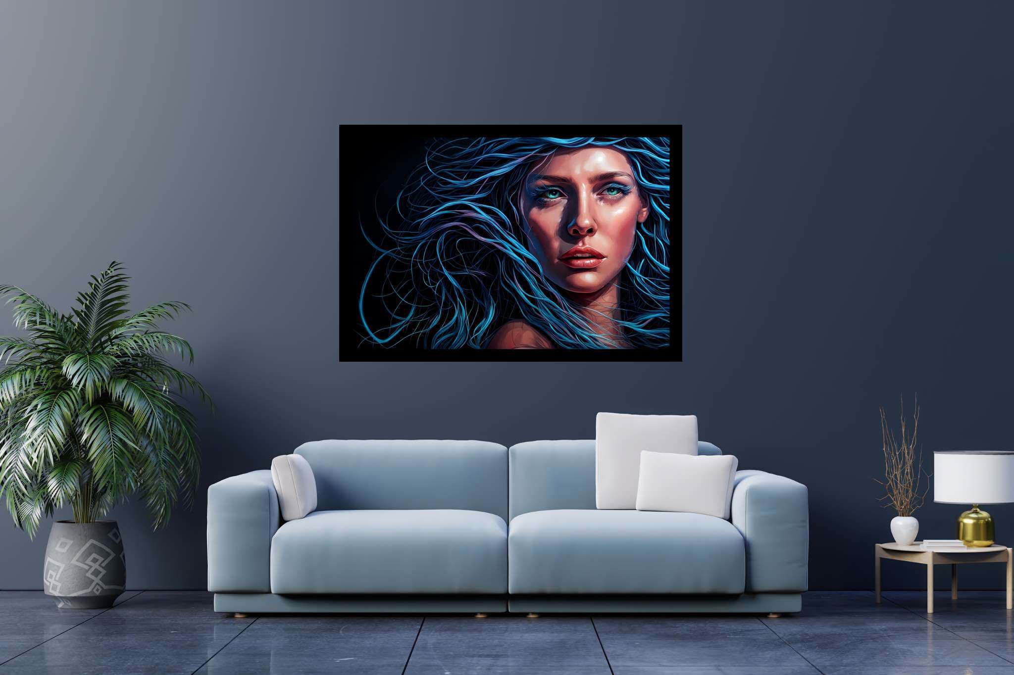 Azure siren's reverie: Surrealistic art with abstract, in a room with contemporary flair, wall art, and artisan decor. The art can be printed on poster, framed poster, canvas, metal, acrylic or wood, exclusively at WallArtZen. Find this exact print at https://wallartzen.com/waz284