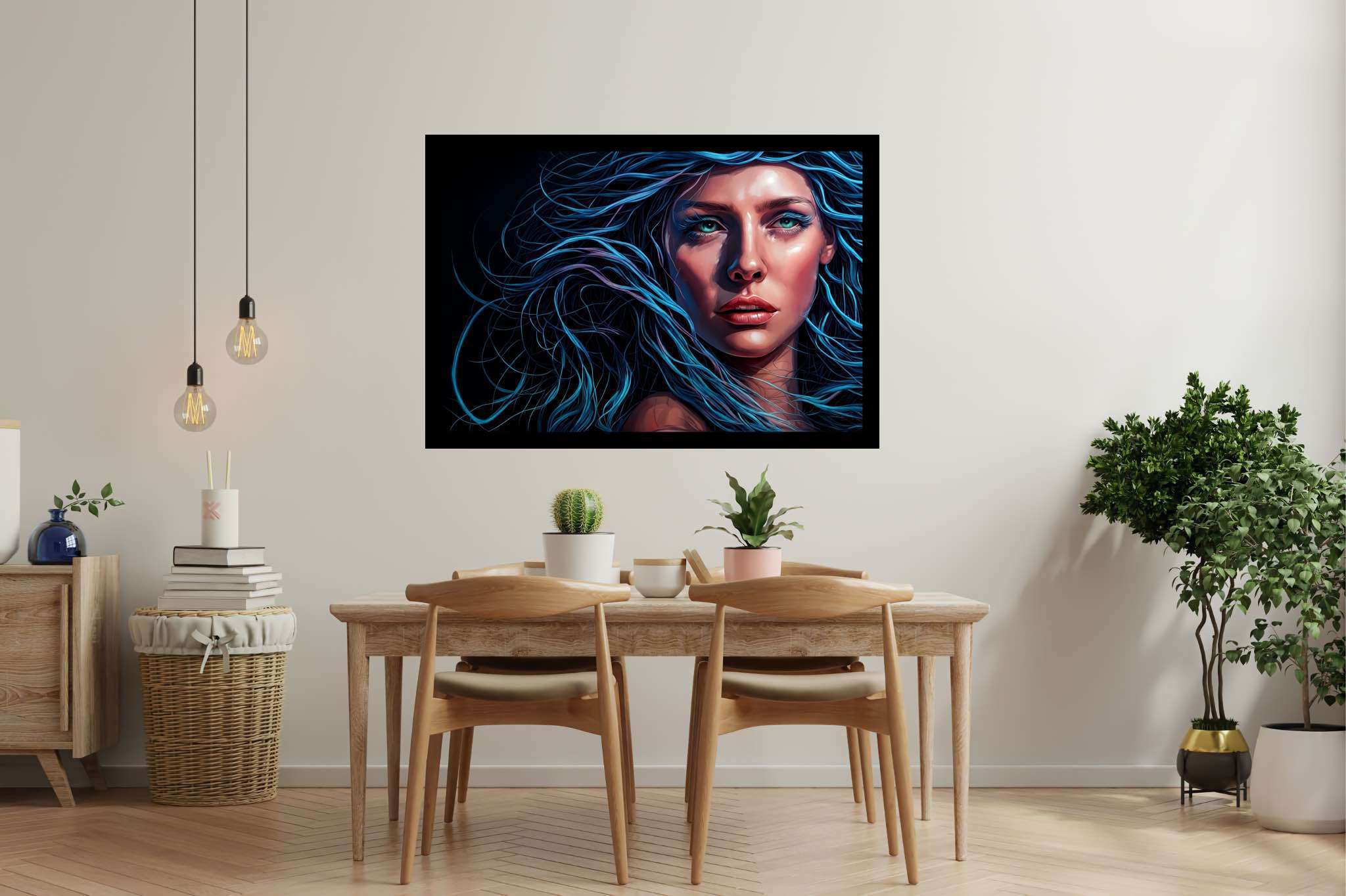 Azure siren's reverie: Surrealistic art with unconventional, in a room with innovative layout, gallery-quality artwork, and interior decorations. The art can be printed on poster, framed poster, canvas, metal, acrylic or wood, exclusively at WallArtZen. Find this exact print at https://wallartzen.com/waz284